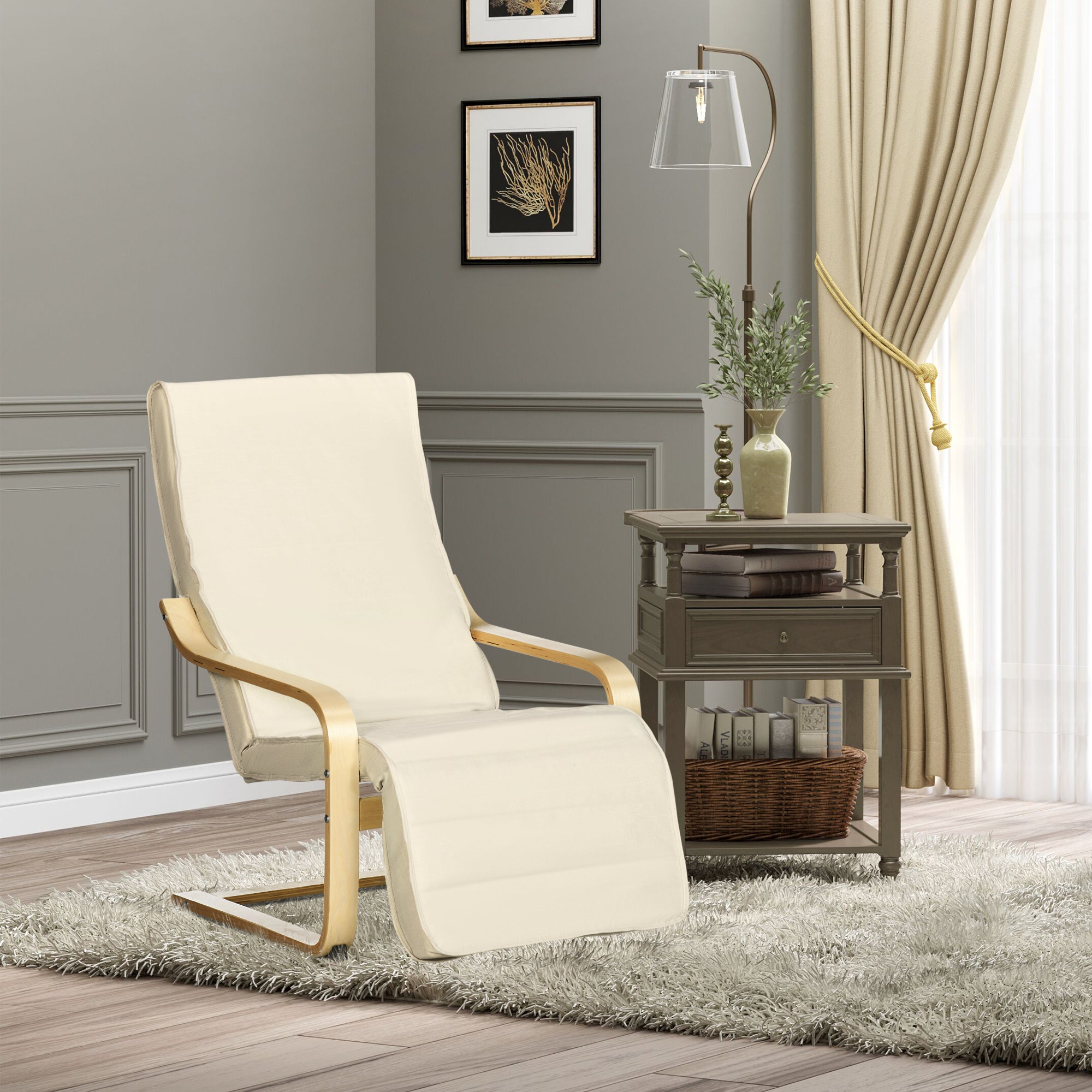 Wooden Lounging Chair with Adjustable Footrest and Removable Cushion, Cream White