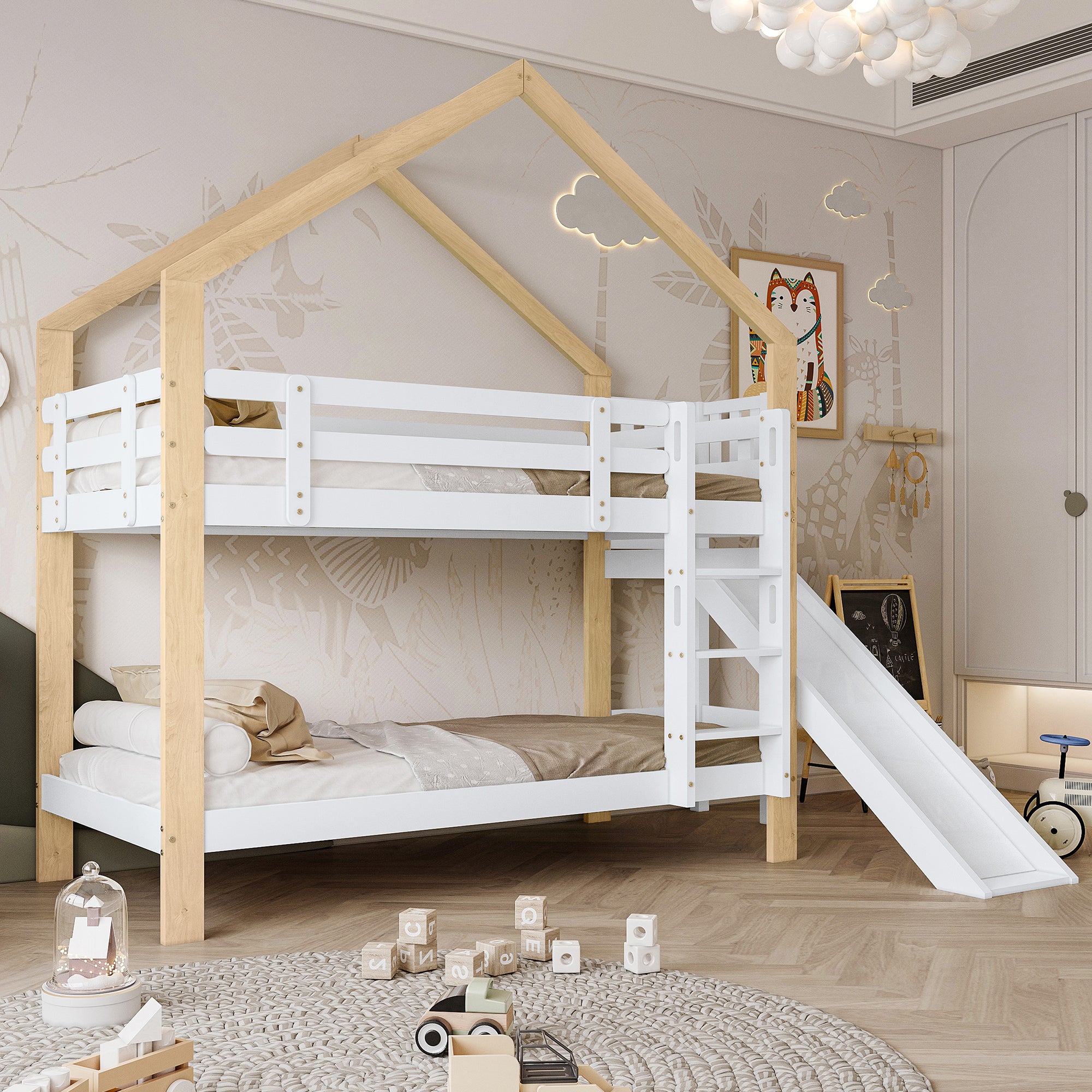 Bunk bed with slide, three-step angled ladder, safety guard, solid wood, white and natural, 90x200cm