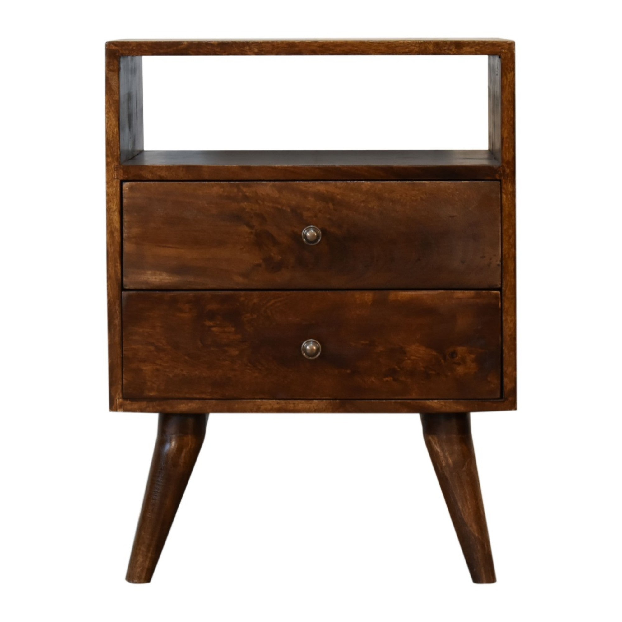 Solid Wood Classic Chestnut Bedside 2 Drawers Open Slot Dark Brown