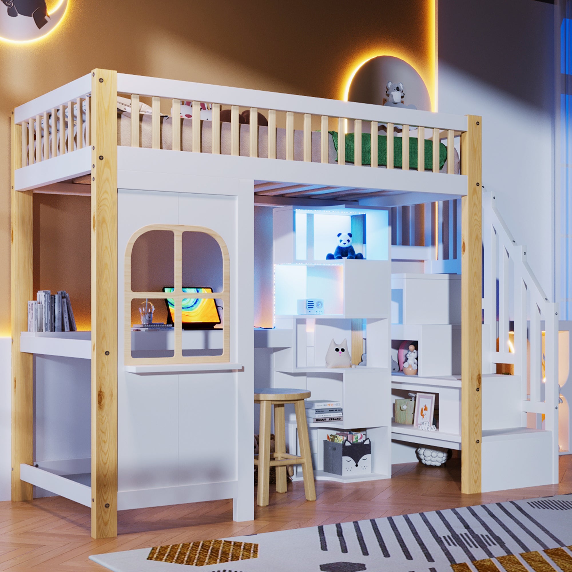 Loft Bed 90x200cm LED Window Design Desk Storage Ladder Power Outlet - White/Natural