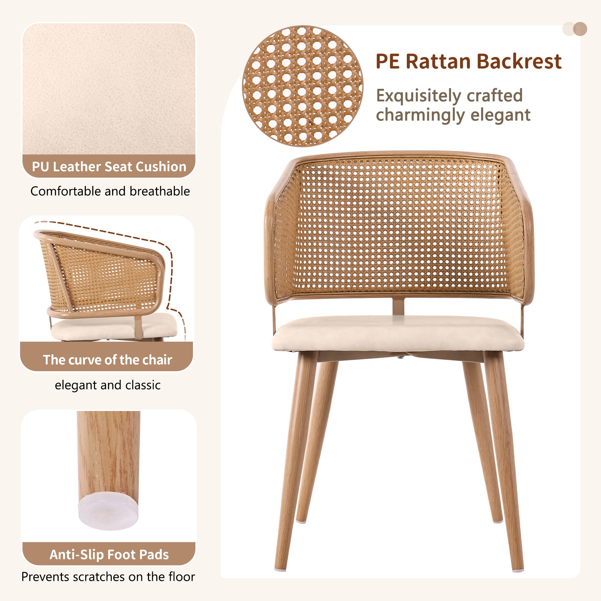 Dining Chairs, Rattan Backrest, PU Leather Seat, 2 Pack