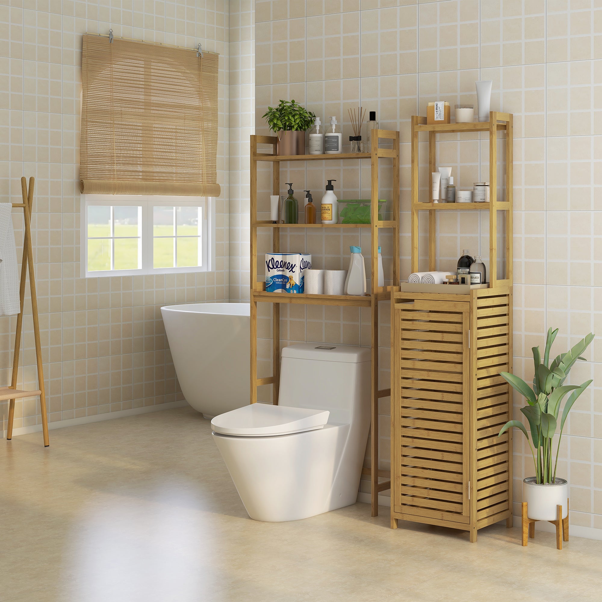 Bathroom Cabinet Bamboo, Cupboard 3 Open Shelves Anti-Tip, Natural Wood