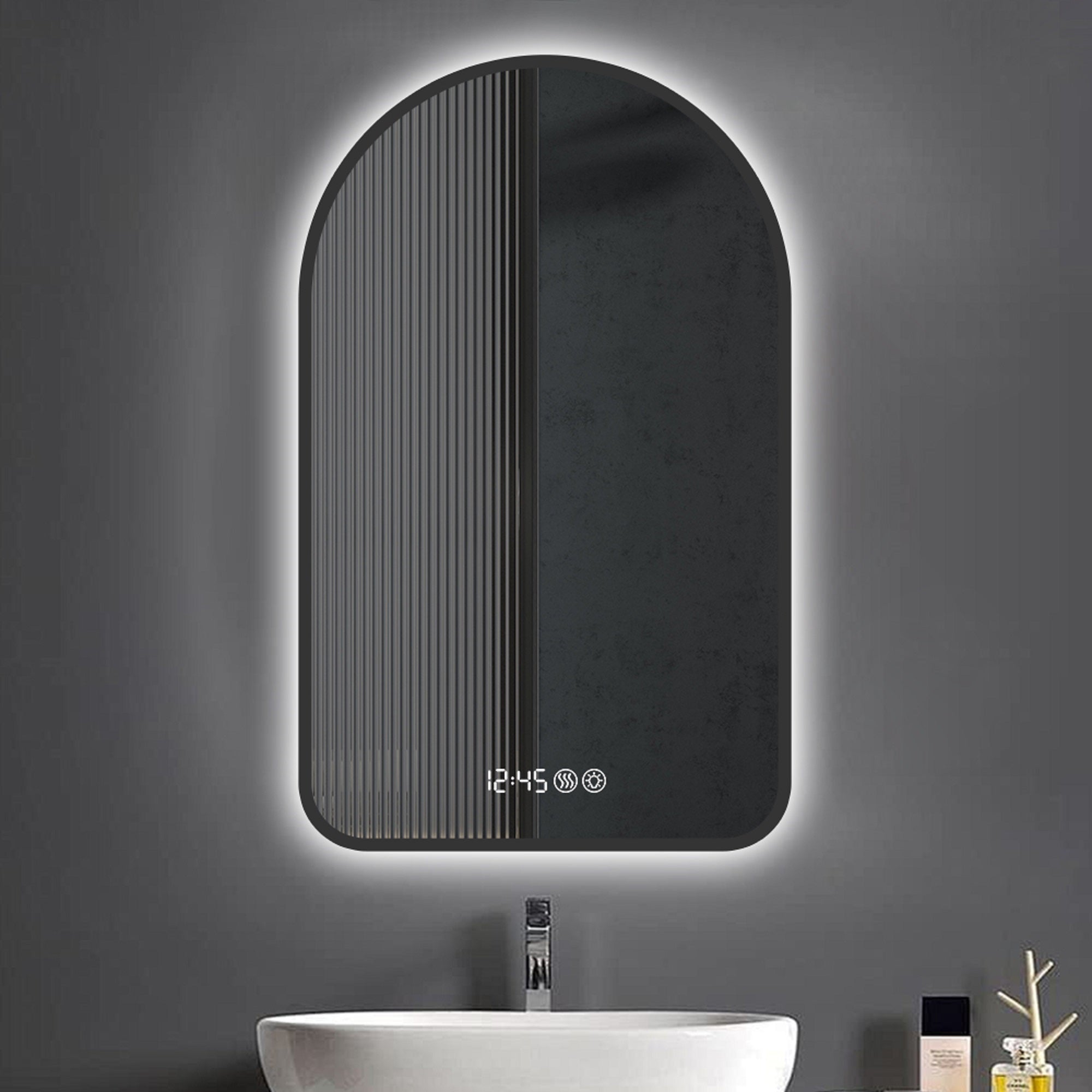Arched LED Bathroom Mirror, 70x120cm, Anti-Fog, Dimmable, Time/Temp Display, Black Frame