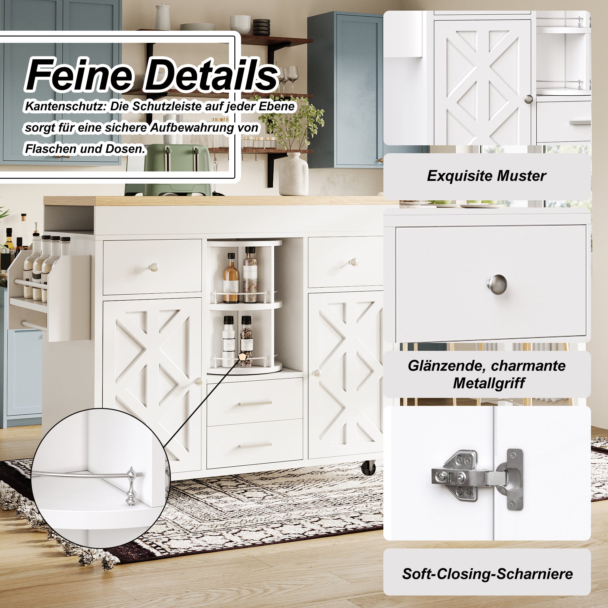 Modern Extendable Bar Table and Kitchen Trolley with Rotating Organizer and Adjustable Shelves, White