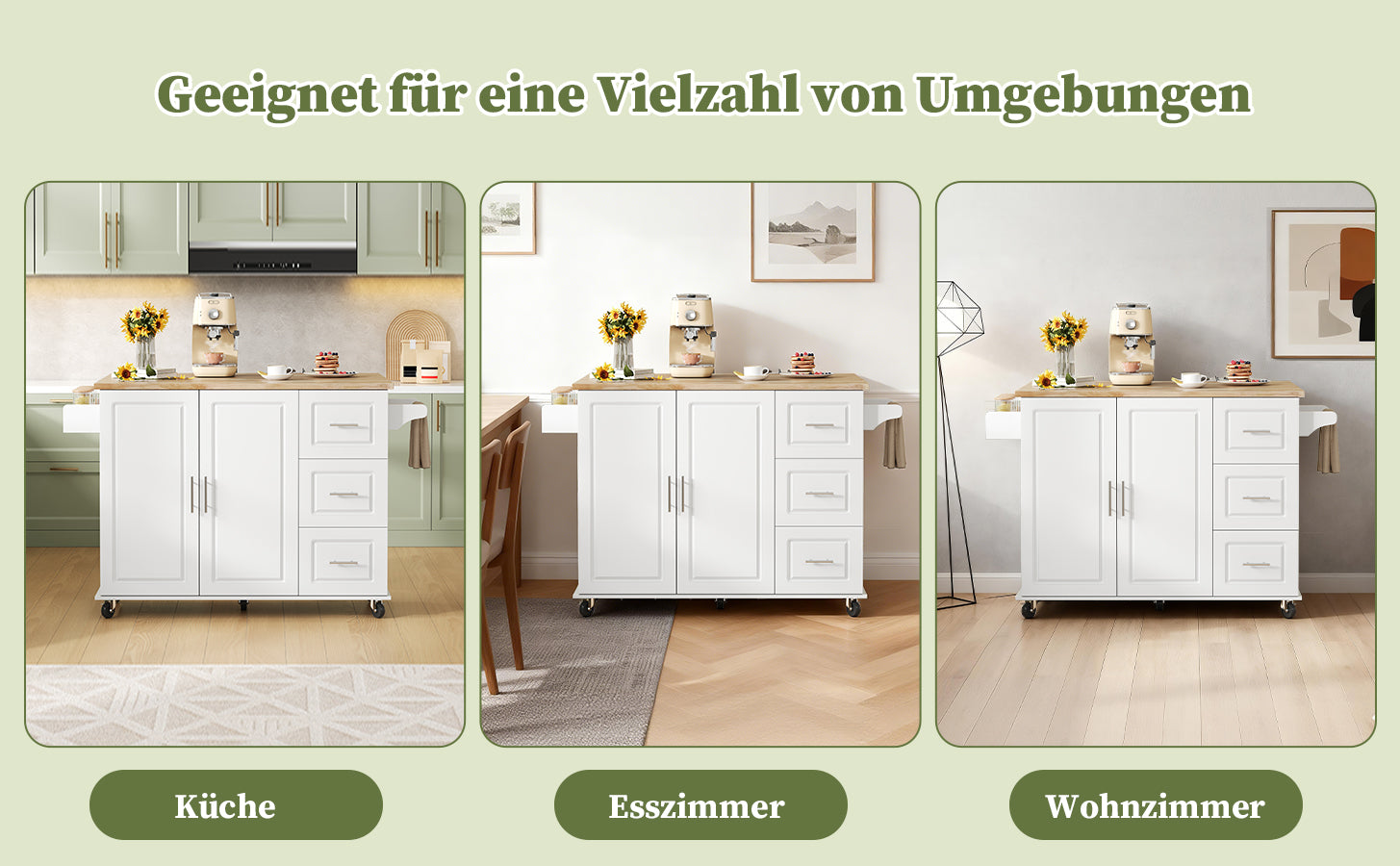 Mobile Kitchen Table with Foldable Oak Worktop and 3 Drawers, Oak and White