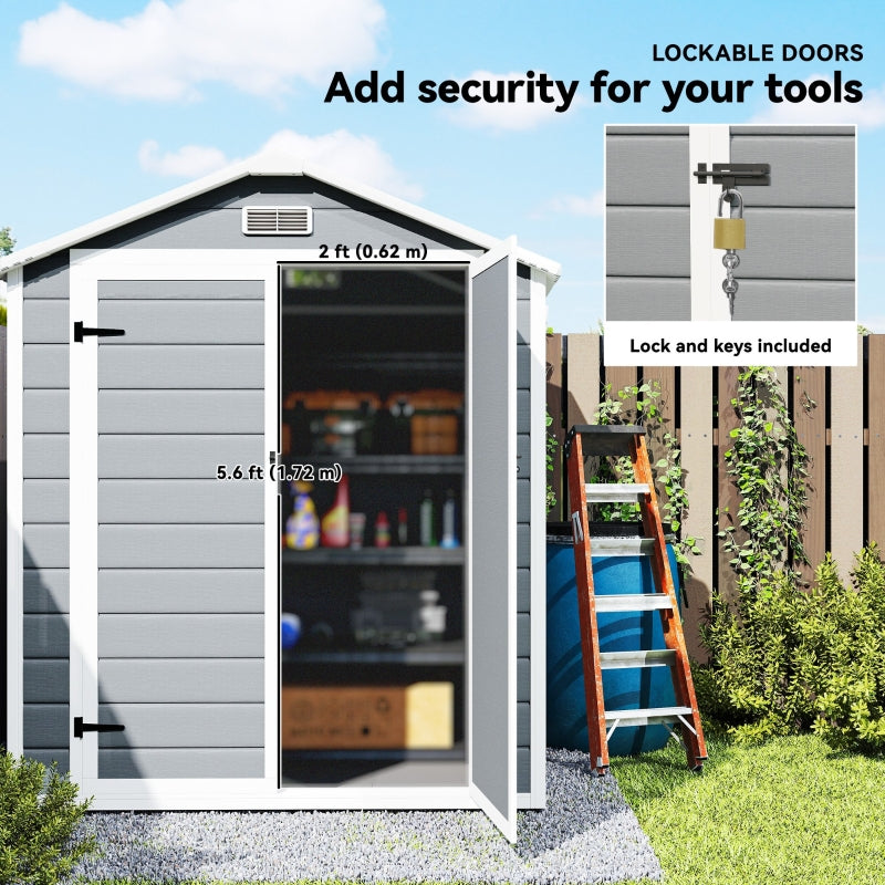 6'x4.5' Garden Storage Shed Lockable Double Doors Window Vent Plastic Roof Grey