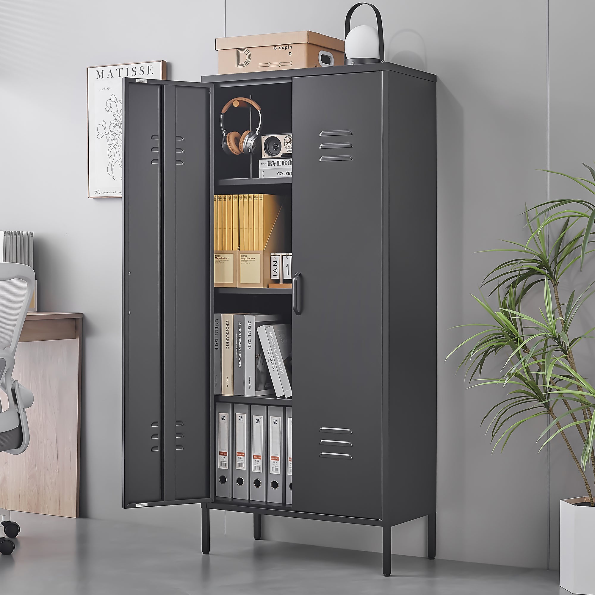 Metal Storage Cabinet with Doors and Adjustable Shelves, Black Metal