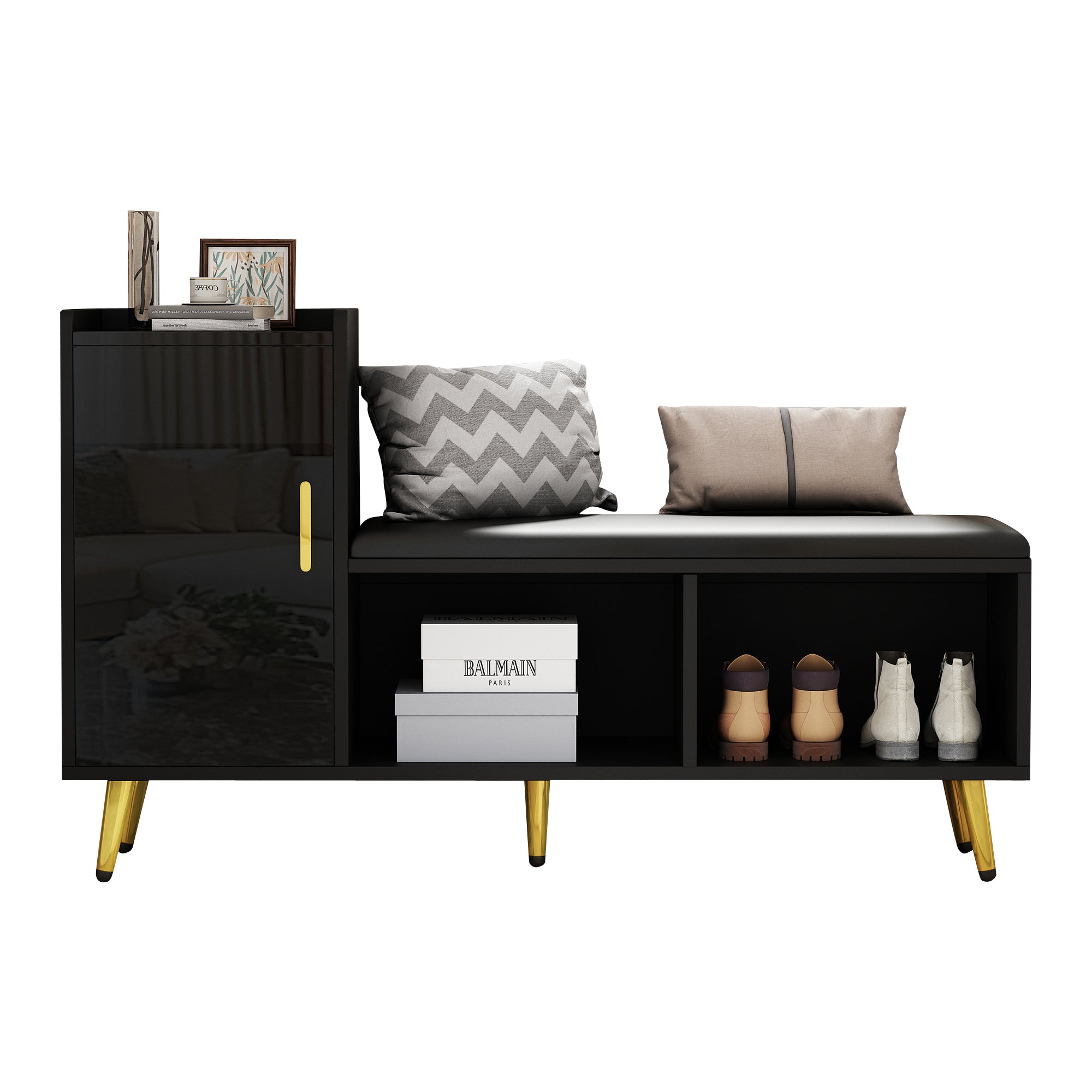 Shoe Cabinet, Multi-tiered Storage with Padded Seat & Gold Accessories, Black High Gloss