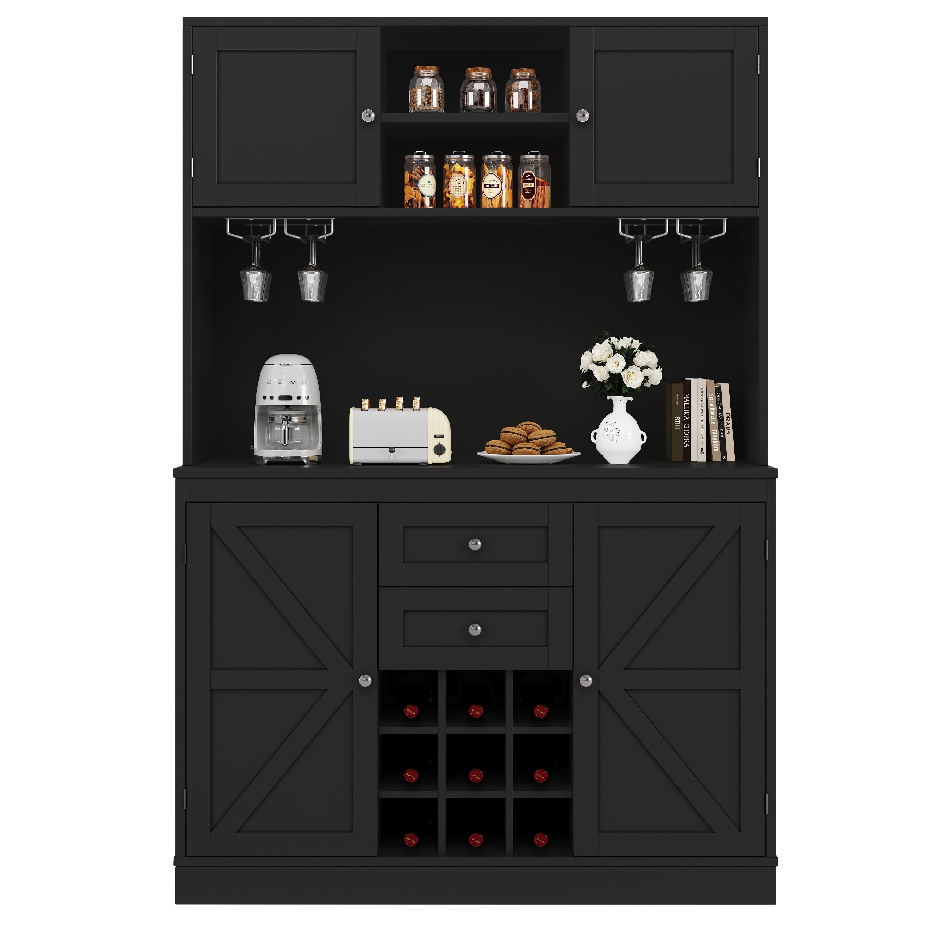 Tall Kitchen Buffet Cabinet with Adjustable Shelves, Wine Rack, 4 Doors & 2 Drawers - Black