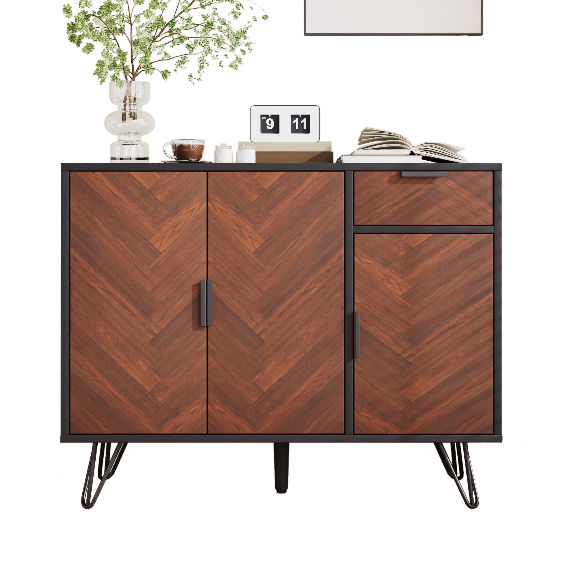 Storage Cabinet, Modern Sideboard with Drawer & Adjustable Shelves, Black & Wood Look