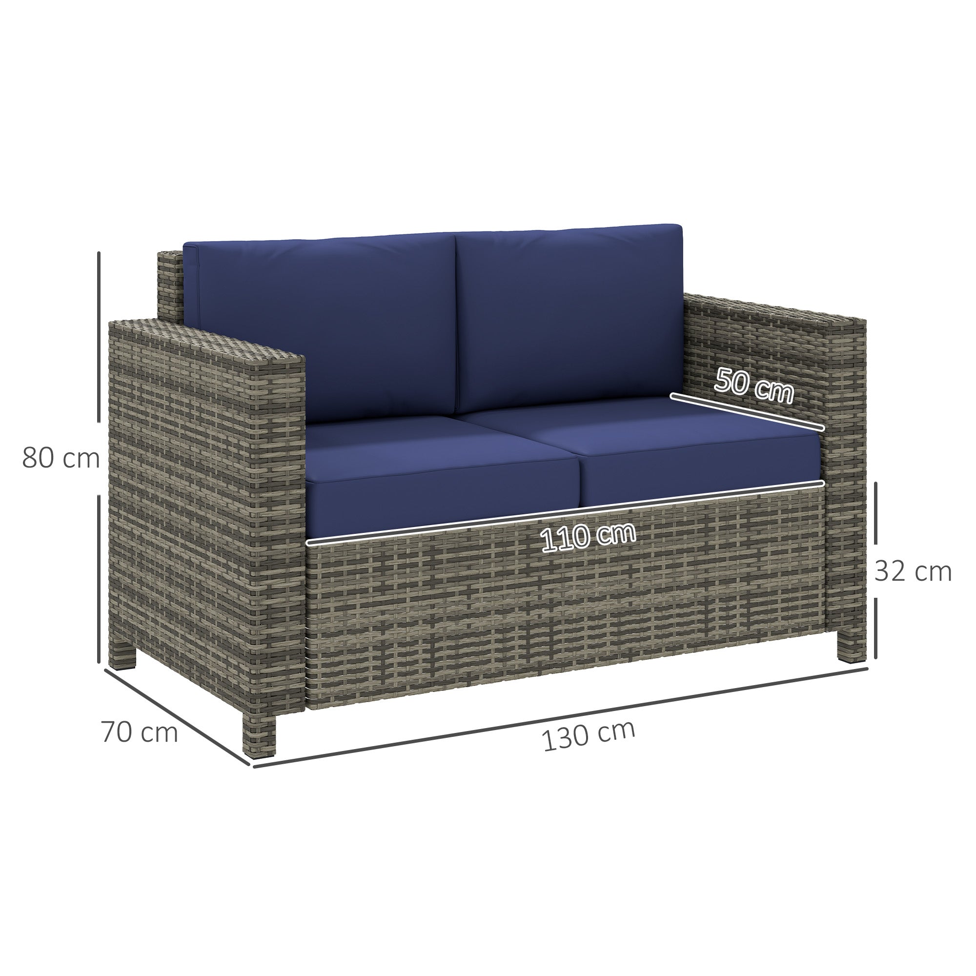 Rattan Sofa, 2 Seater Garden Loveseat with Soft Padded Cushion, Navy Blue