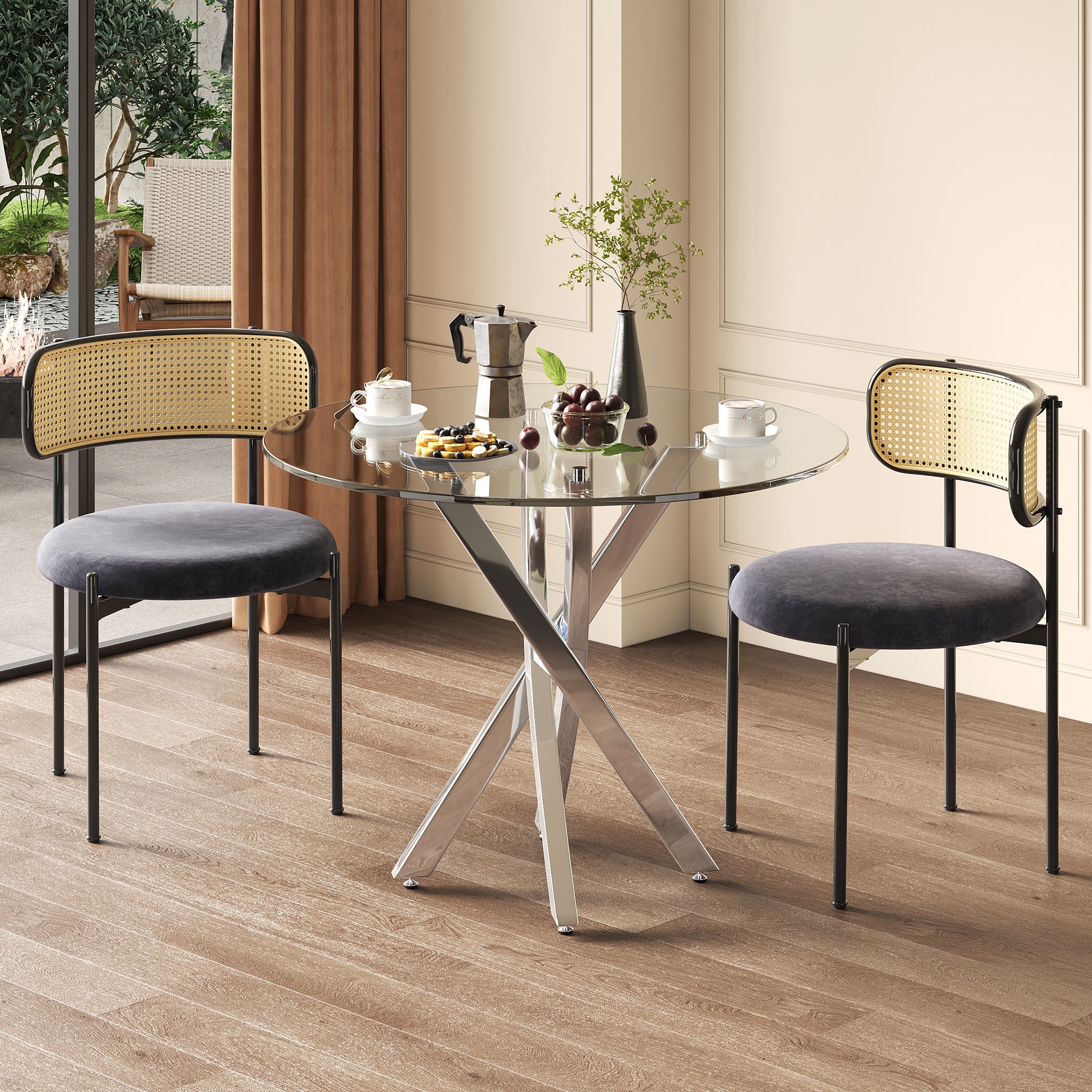 Dining Table Set, 80x80cm Tempered Glass Top, Modern 3-Piece, Grey Chairs/Silver Legs