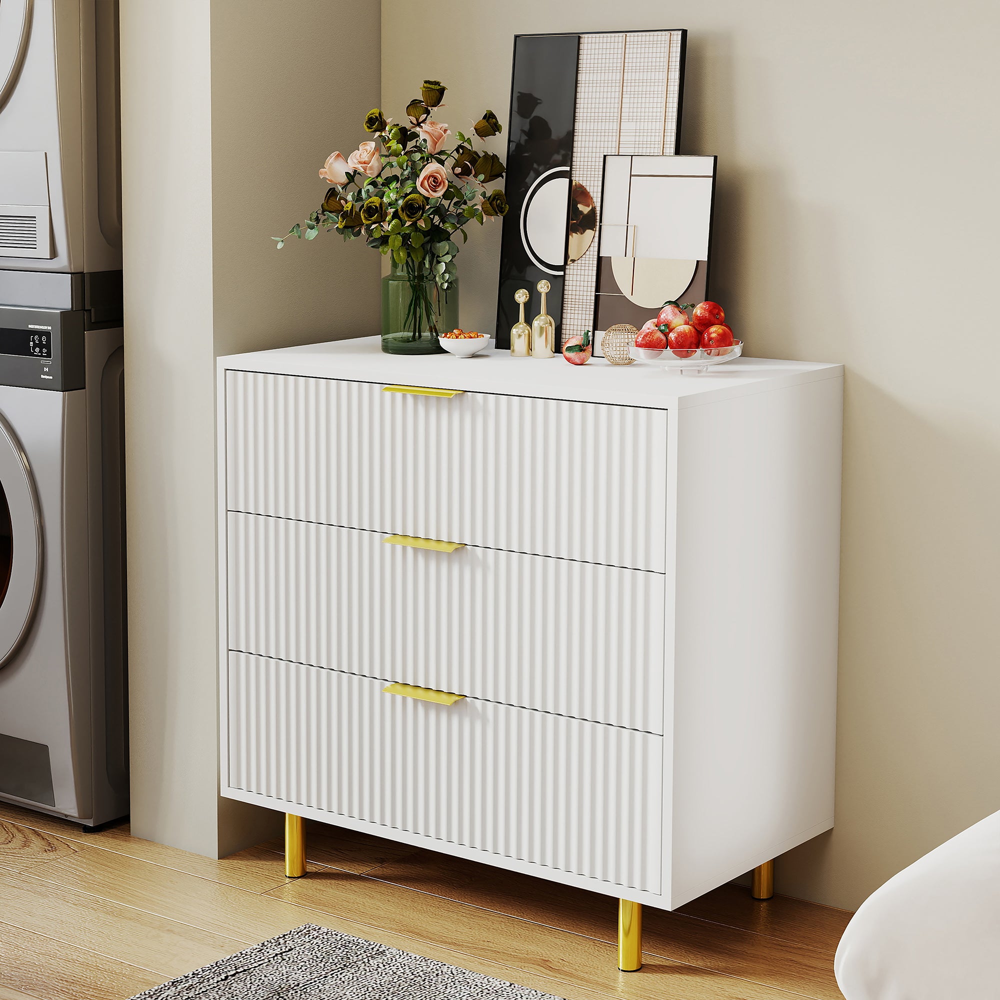 Chest of Drawers Sideboard 3 Drawers Modern Design - White and Gold