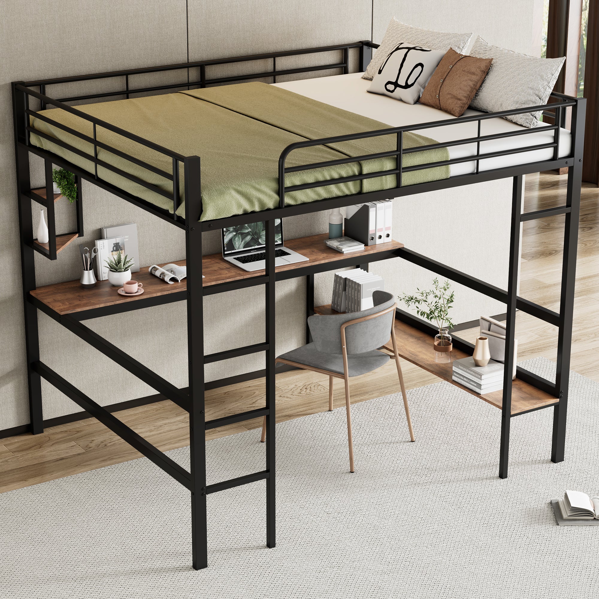 Loft Bed 140x200cm Metal Frame with Desk Shelves & Bookcase - Black