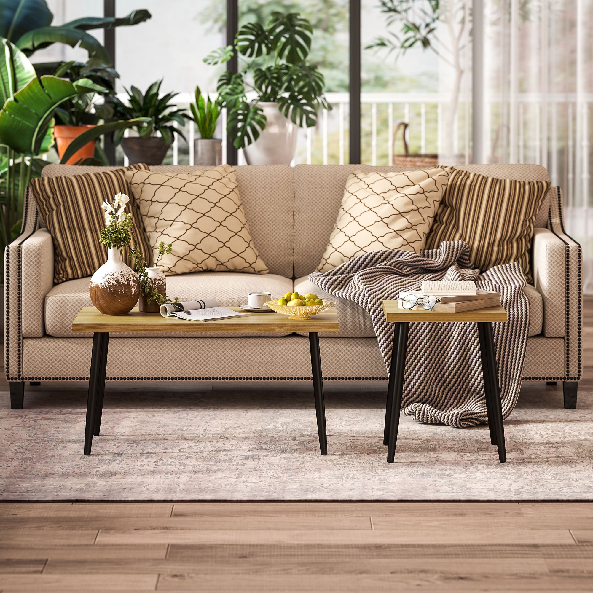 Coffee Table Set of 2, Side Tables with Steel Frame, Natural