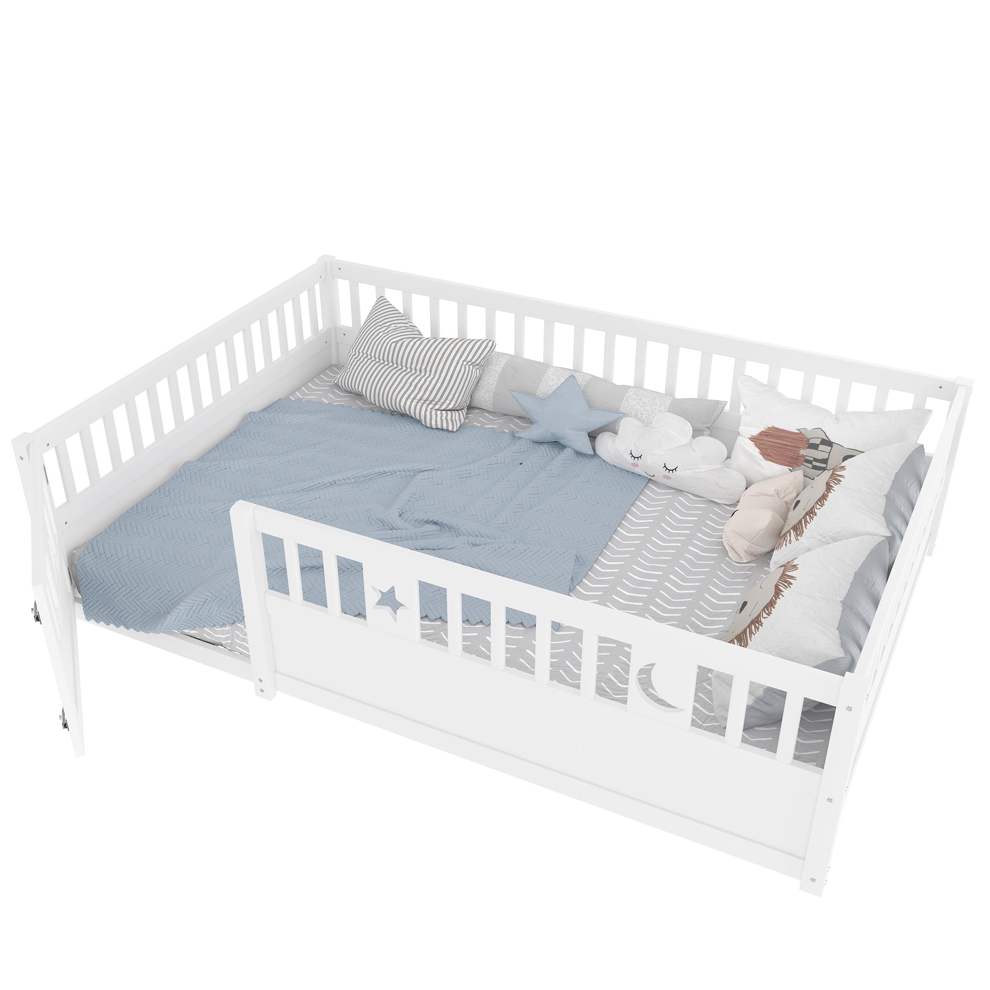 Panel Bed, 140x190cm Children's Bed with Railing & Star/Moon Decoration, White