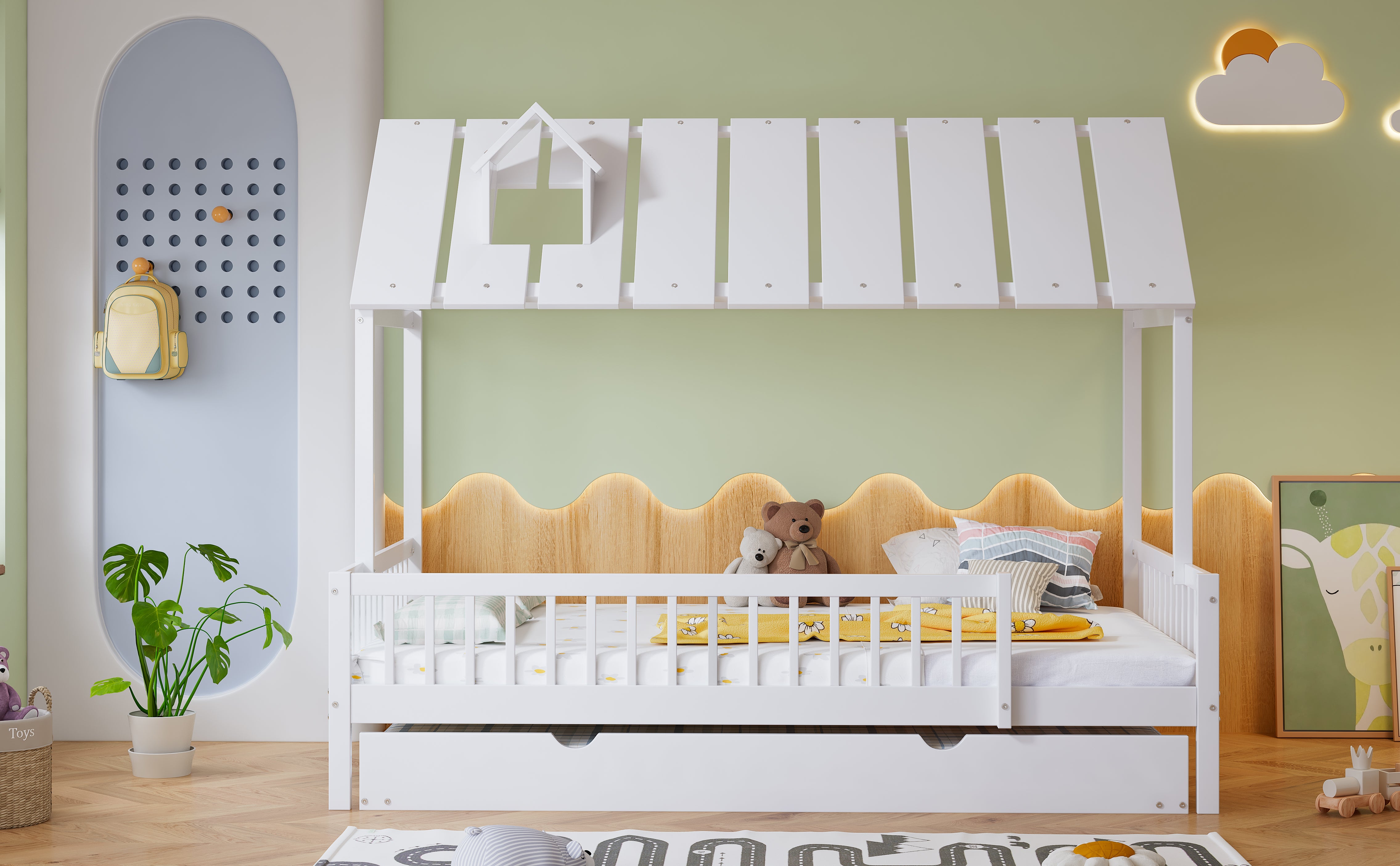 House Bed, Trundle Bed with Chimney, 3-Sided Rail, Pine+MDF, White