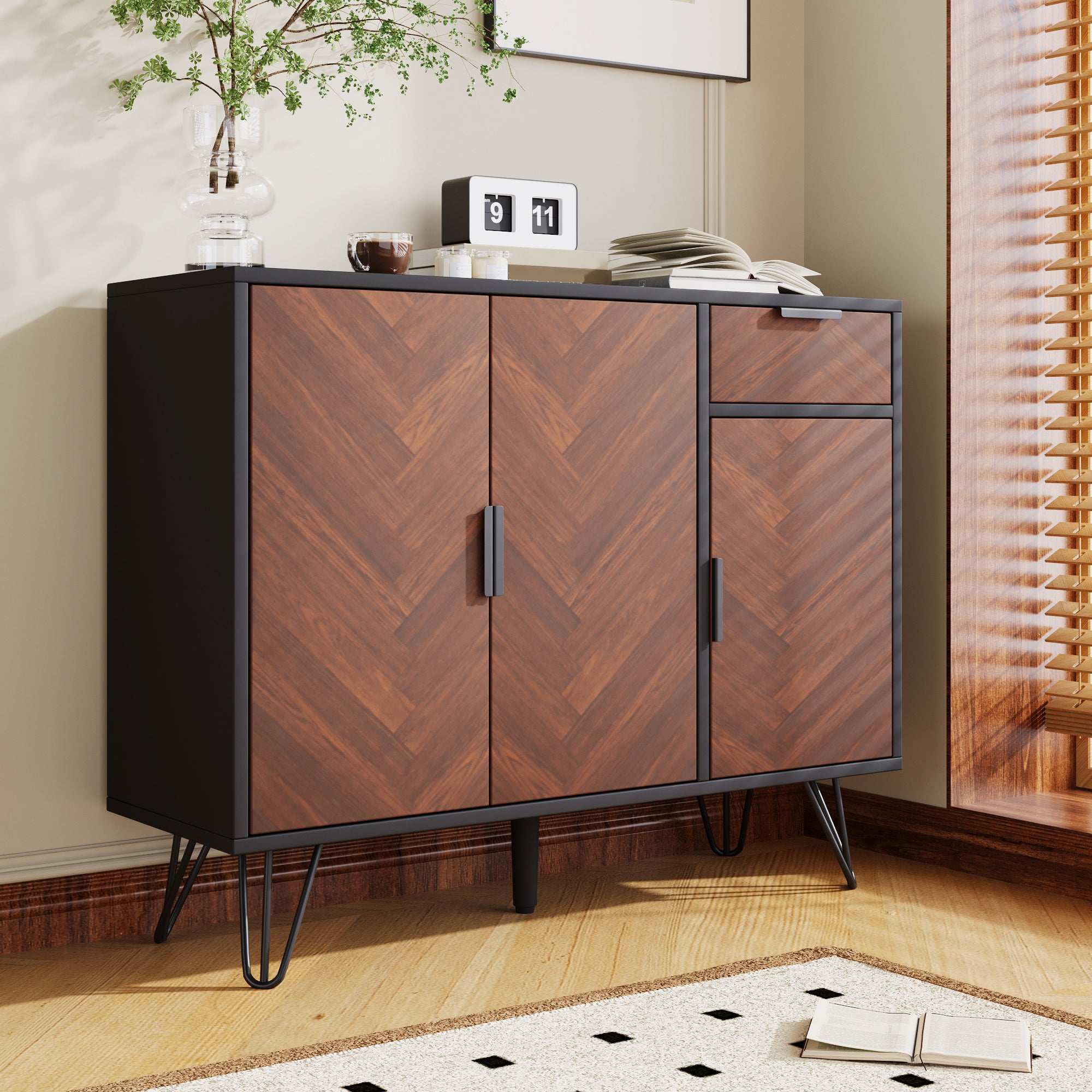 Storage Cabinet, Modern Sideboard with Drawer & Adjustable Shelves, Black & Wood Look