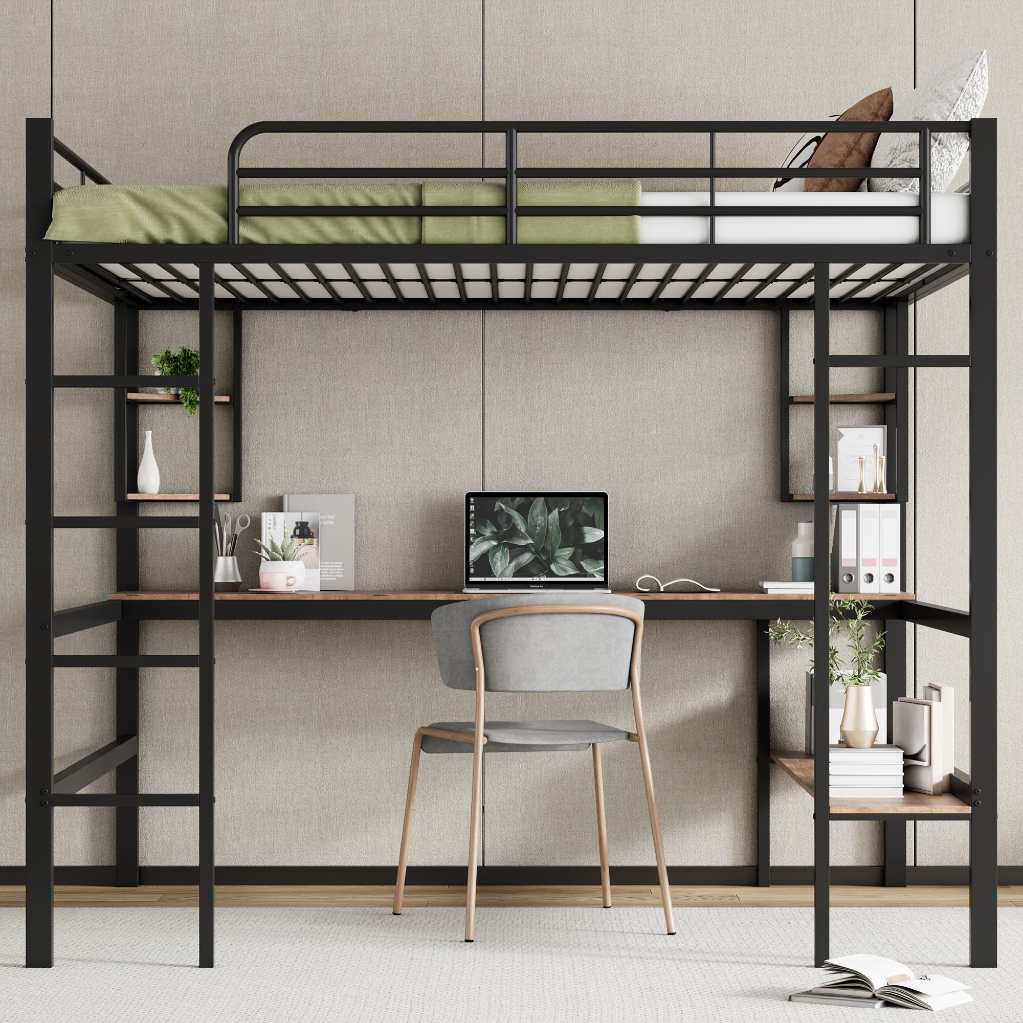 Loft Bed 140x200cm Metal Frame with Desk Shelves & Bookcase - Black