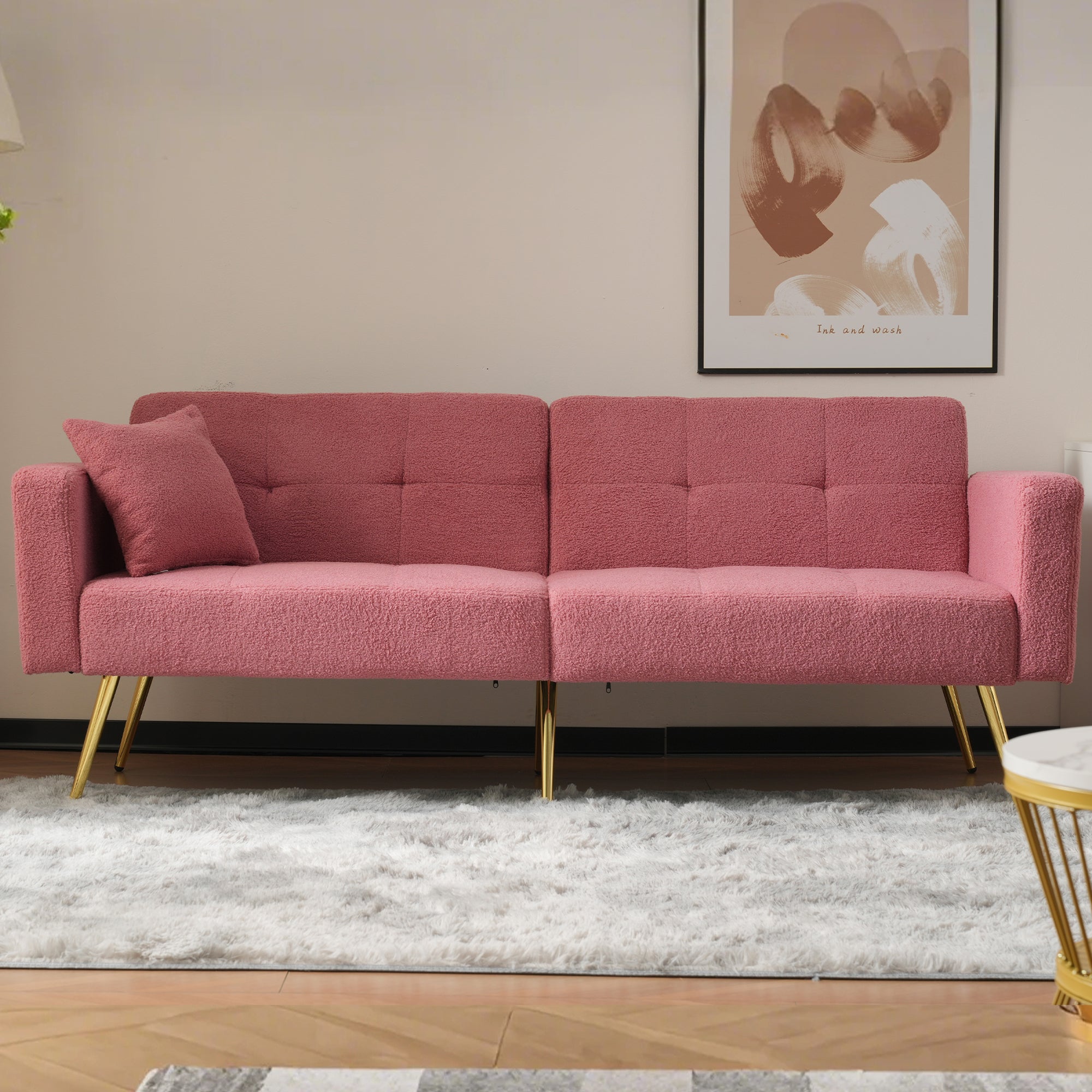 Sofa Bed, 3 Adjustable Backrest Angles, Gold Legs, Cushions & Side Storage Pockets