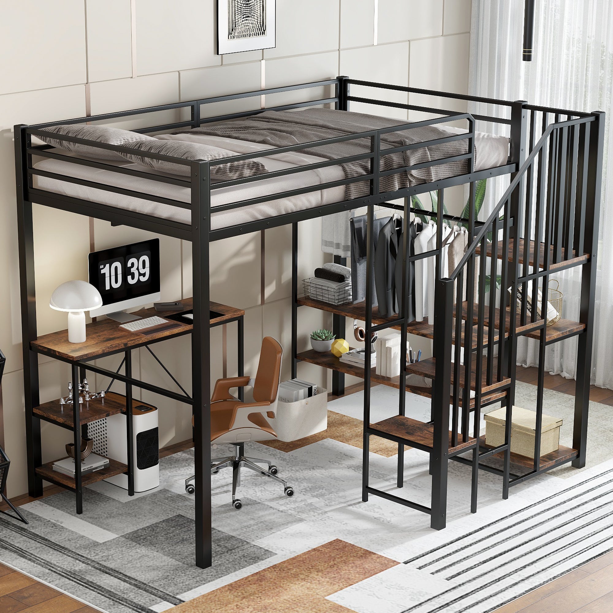 Iron Bunk Bed, 120x200cm Corner Ladder Storage Table, Iron/MDF Black/Vintage Wood