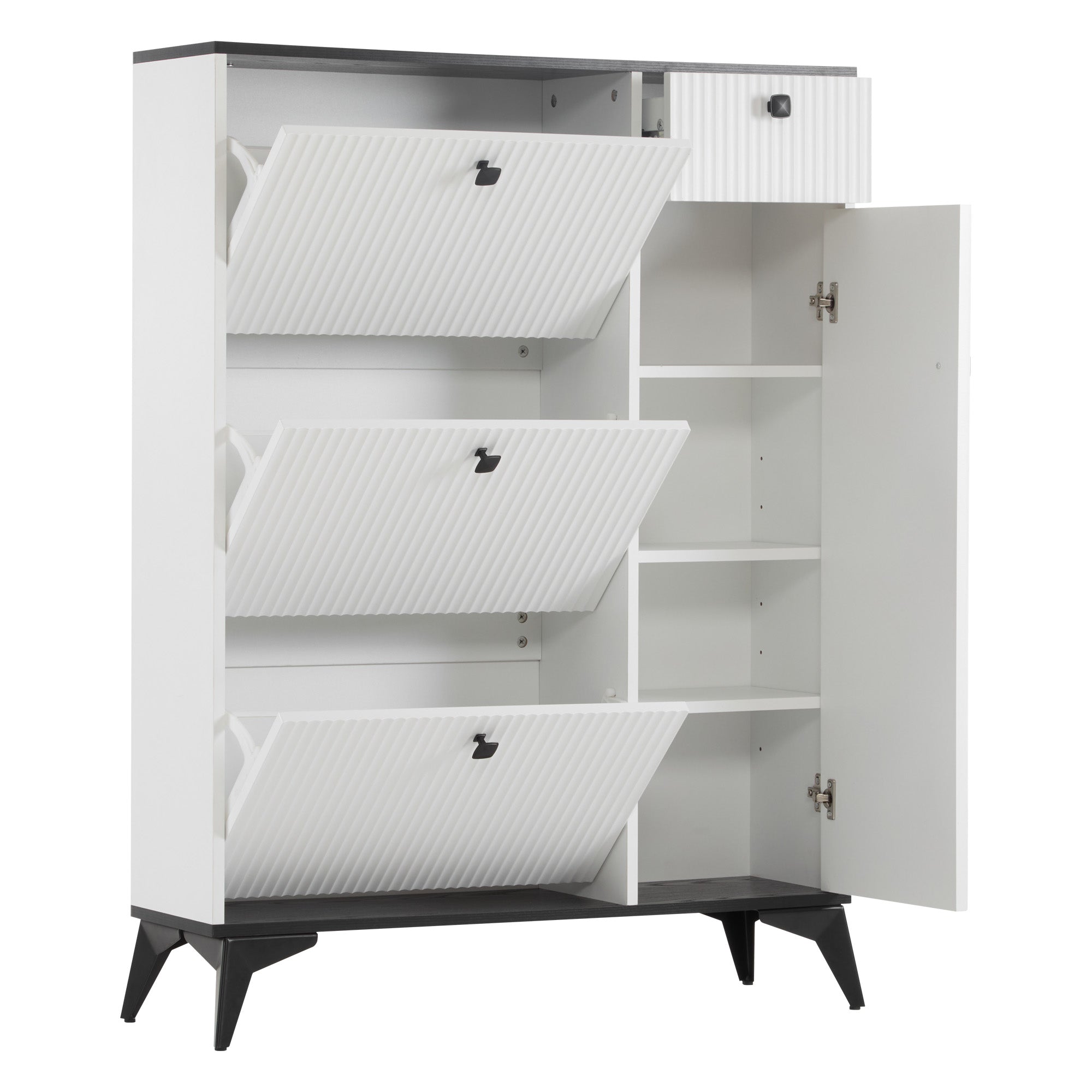Shoe cabinet with 3 flaps, 1 drawer, 1 door, white