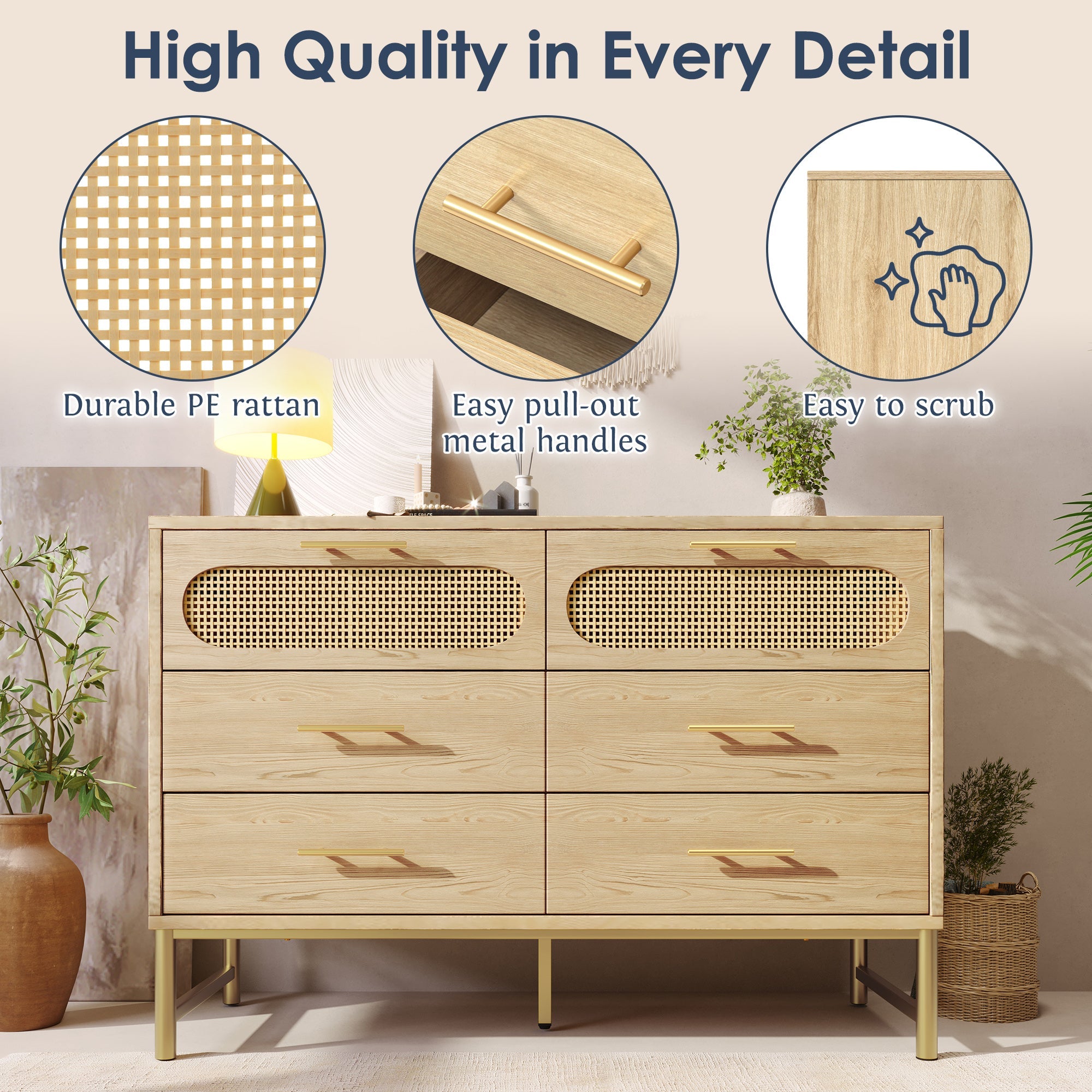 Rattan Sideboard Storage Cabinet with 6 Drawers & Metal Handles, Oak