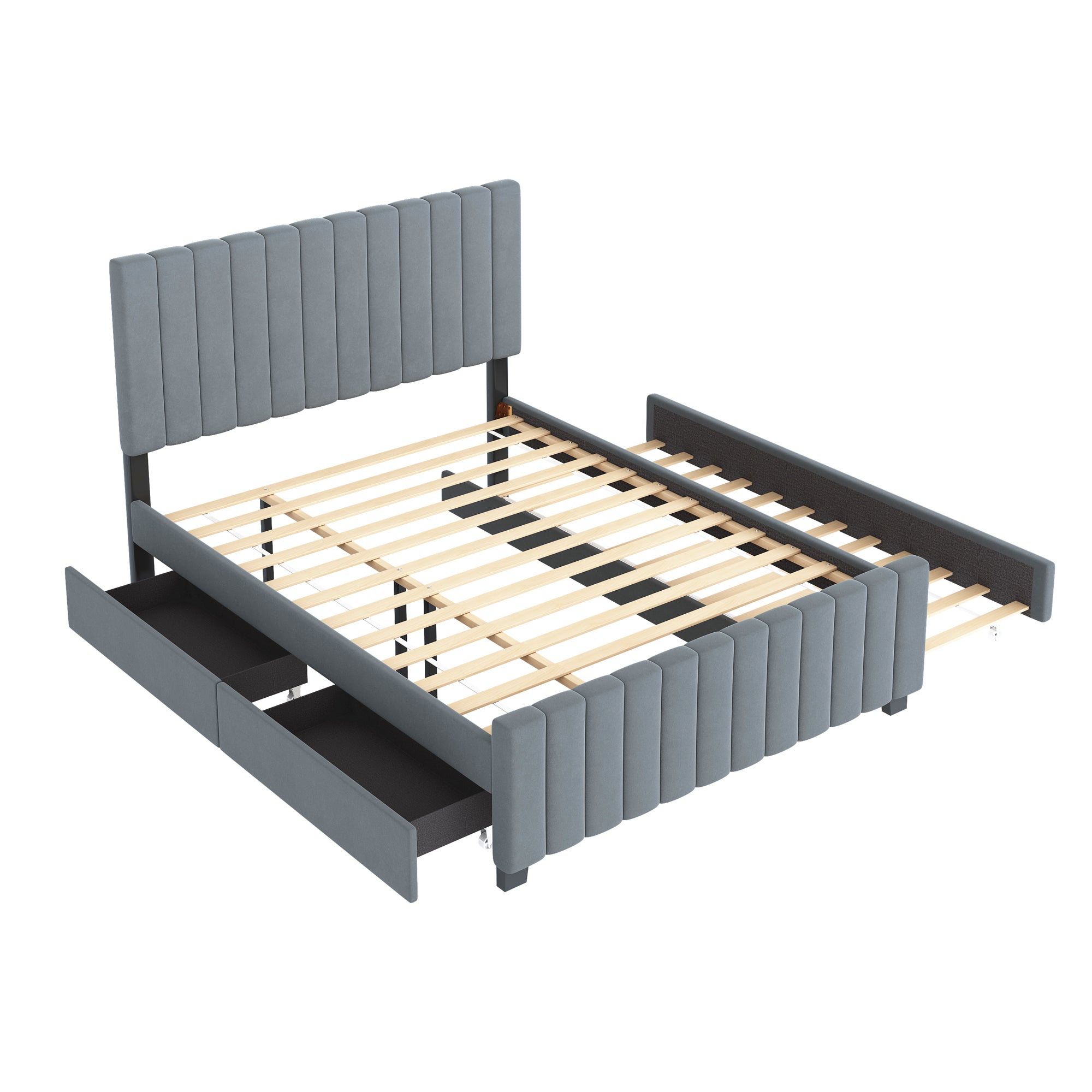 Upholstered Bed 140x190cm, Pull-Out & 2 Drawers, Velvet, Gray