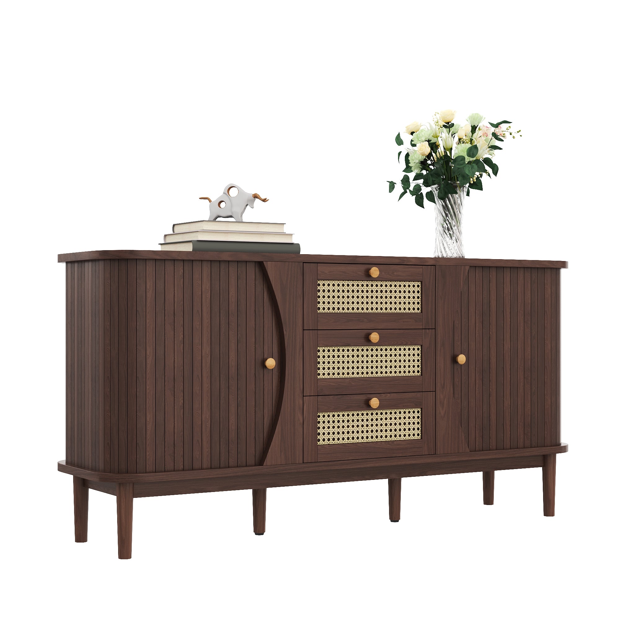 Sideboard, Rattan Drawers with Sliding Doors & Adjustable Shelves, Wood Color