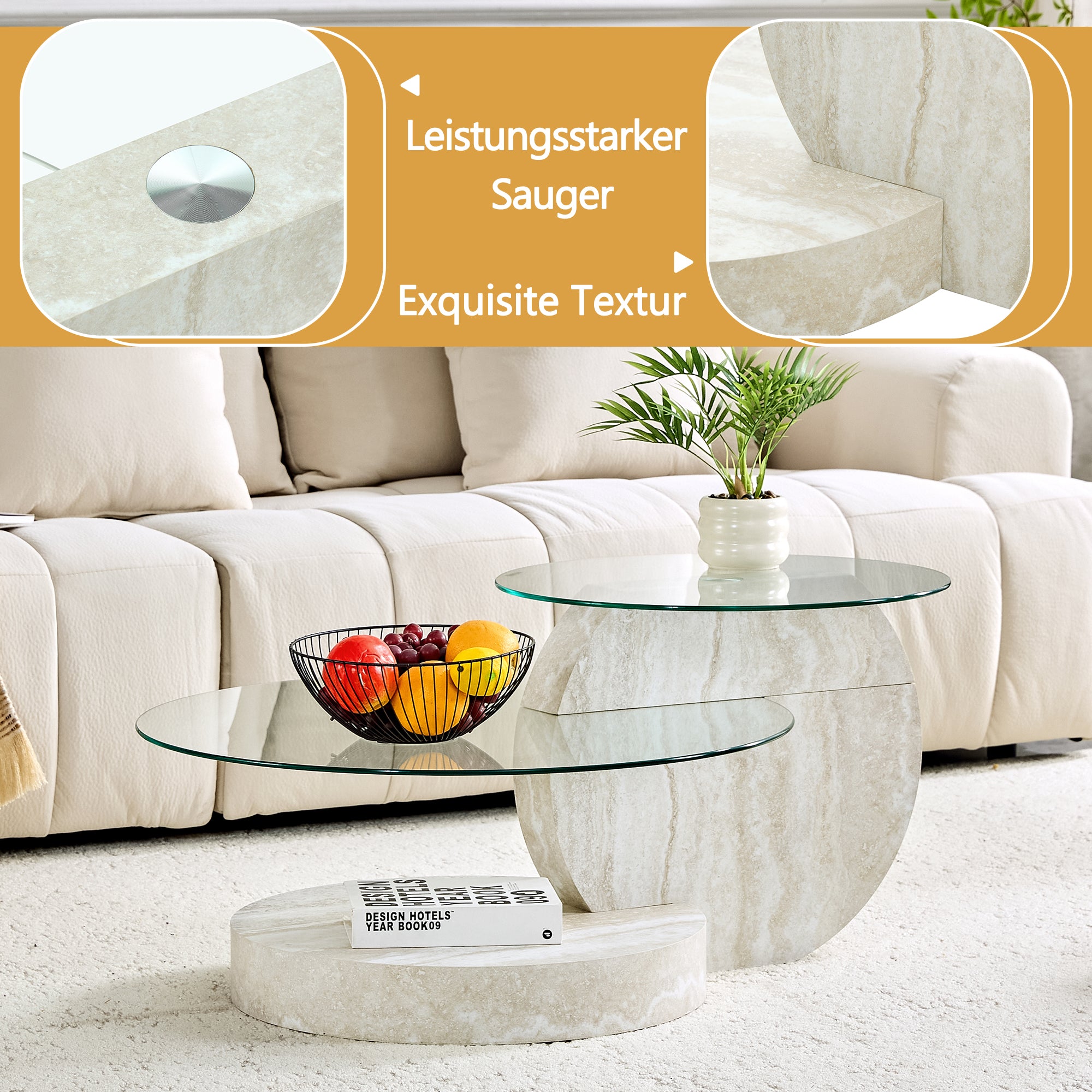 Modern Minimalist Coffee Table, Double-Layered Safety Glass and Multi-Tiered Design, Walnut Wood Grain Finish