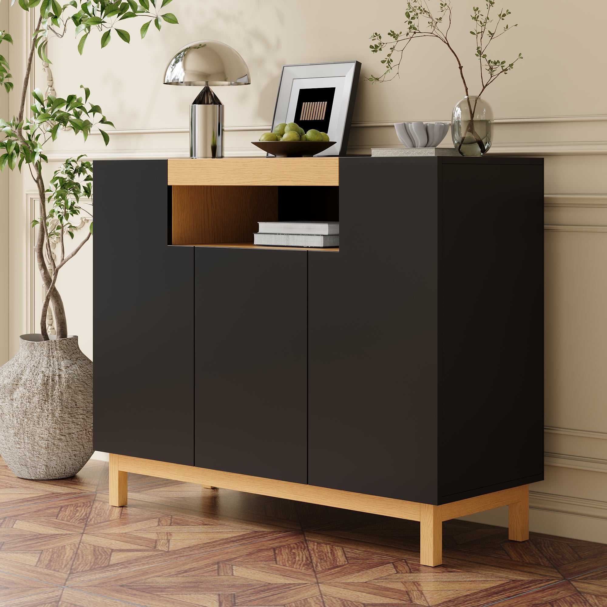 Sideboard with 3 Doors and Open Compartment, Black and Wood Finish