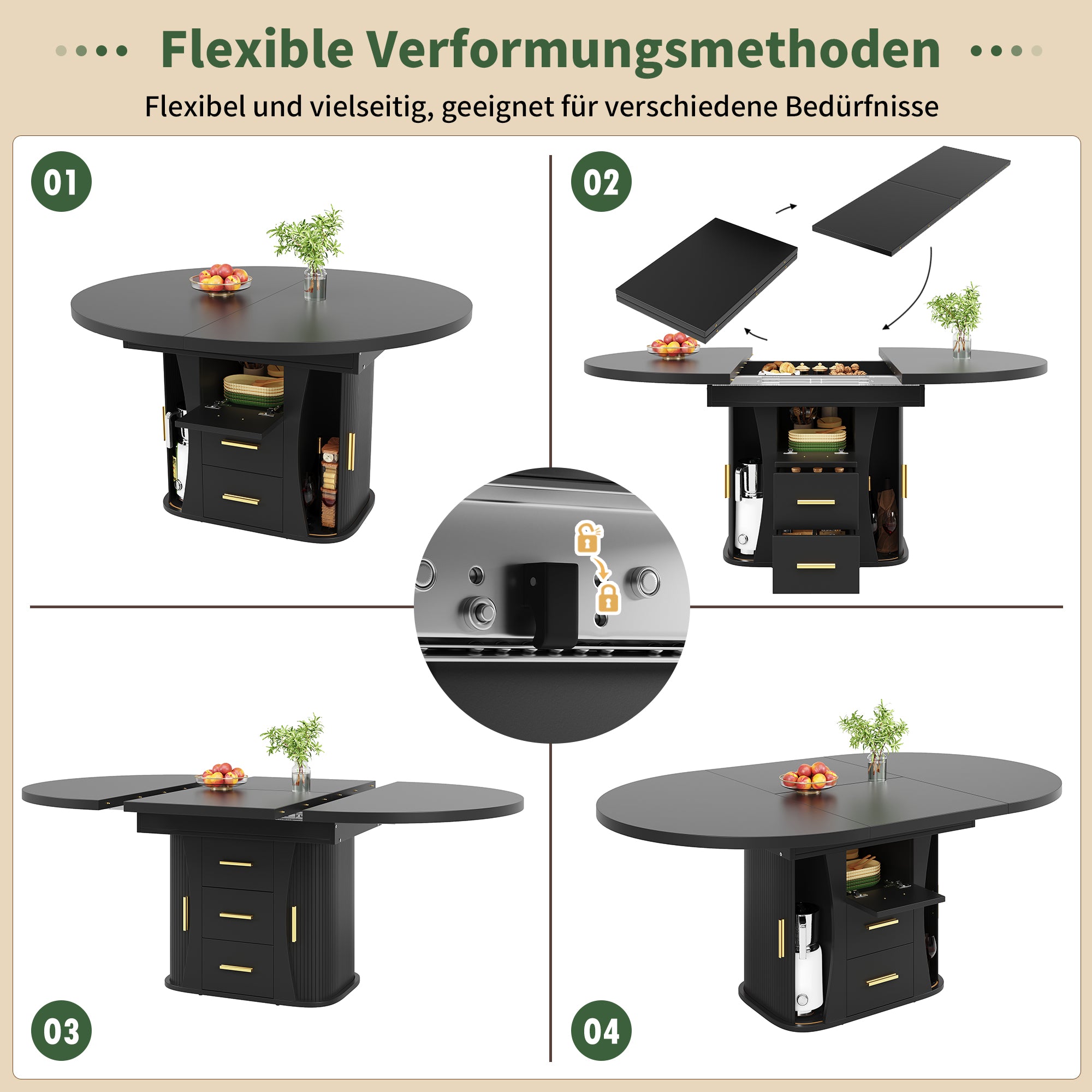 Extendable Round Dining Table, Seats 6 People with Three-tier Storage, Black