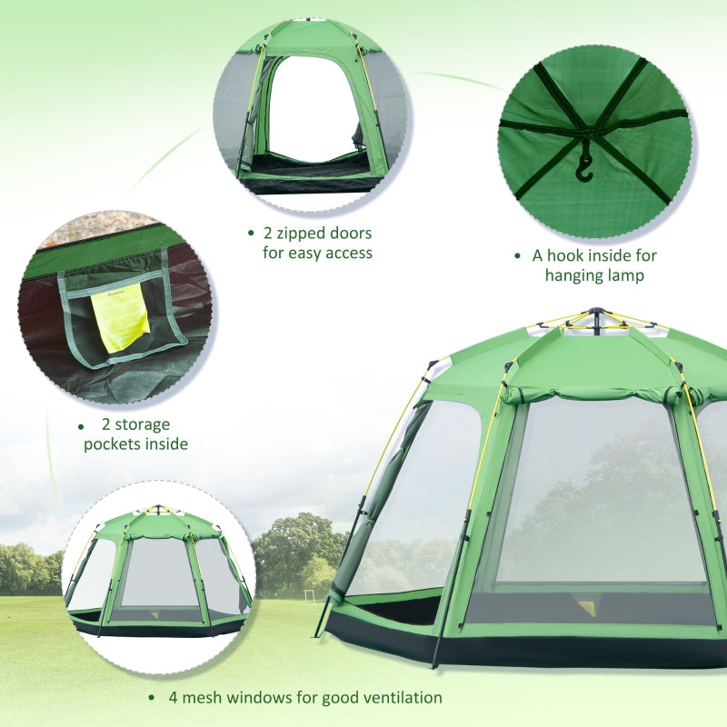 6 Person Pop Up Camping Tent, 2-Tier with 4 Windows 2 Doors, Green