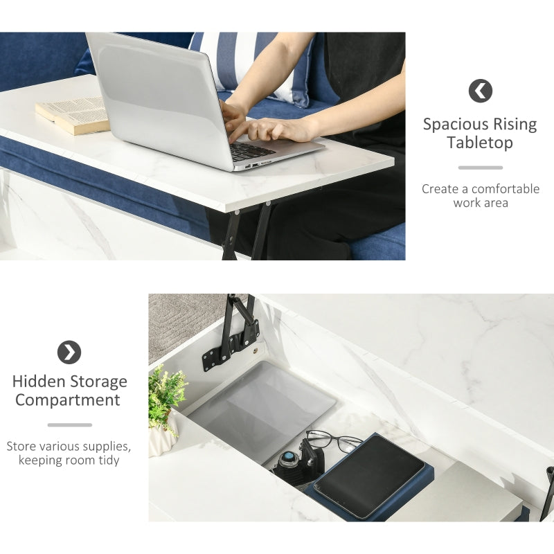 Modern Lifting Coffee Table, Hidden Compartment Storage, Faux Marble White