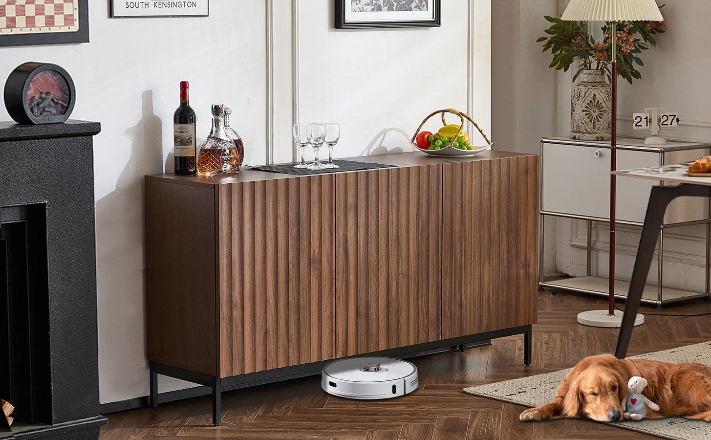 Sideboard Mid-Century Modern 3-Door 150cm with Wavy 3D Design Dark Grained Oak