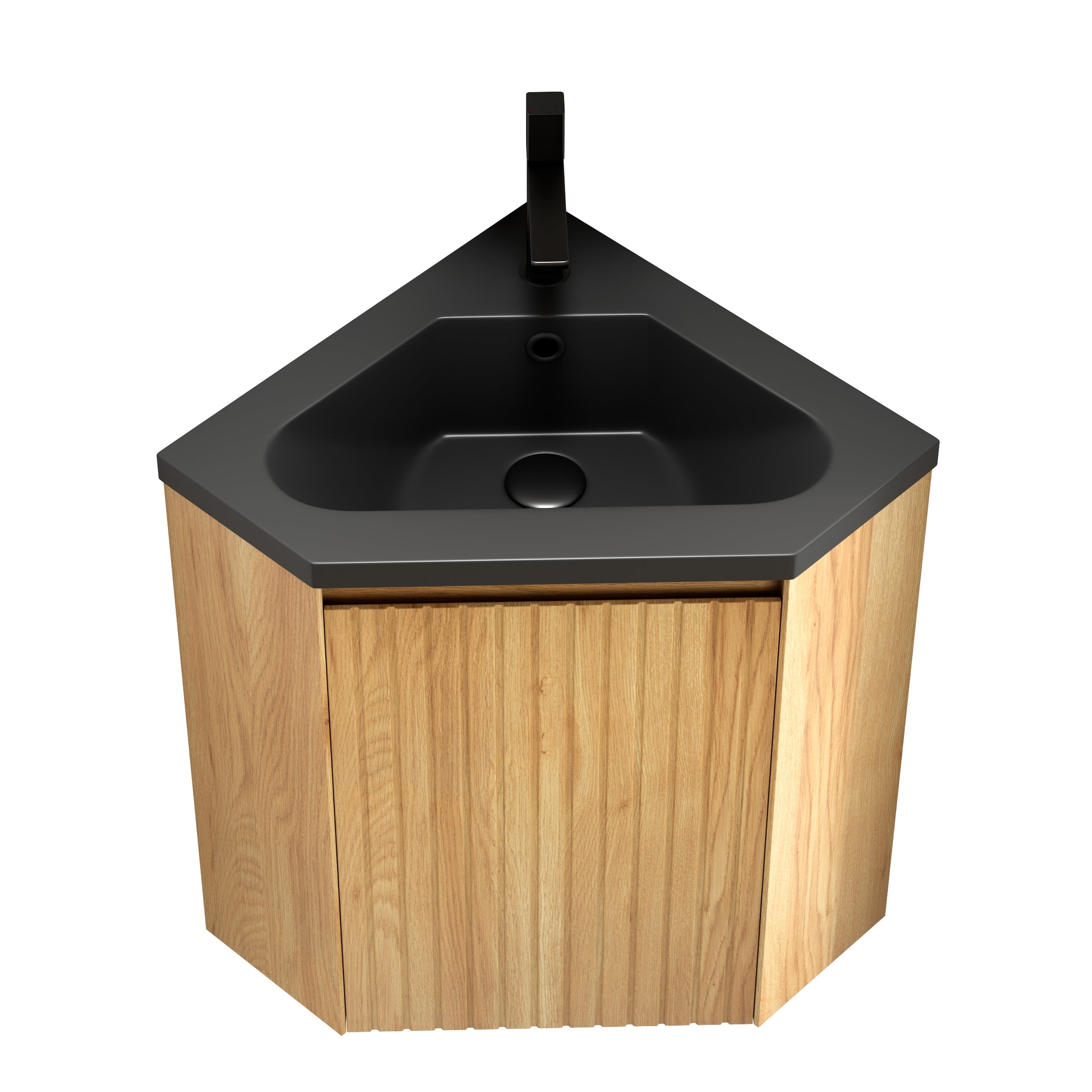 ZURI 38cm Wall Mount Bathroom Vanity Unit with Matt Black Resin Basin, Triangular Plywood Cabinets, Natural Wood