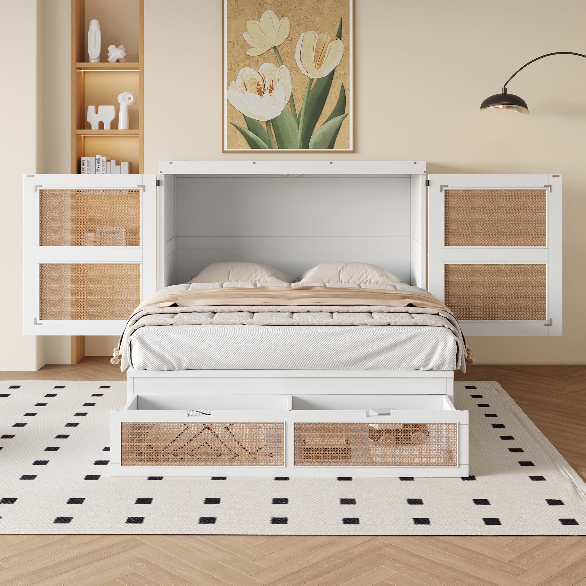 Wall Bed 140x200cm, Vertical with Slatted Frame & Storage Drawers, Rattan Design White