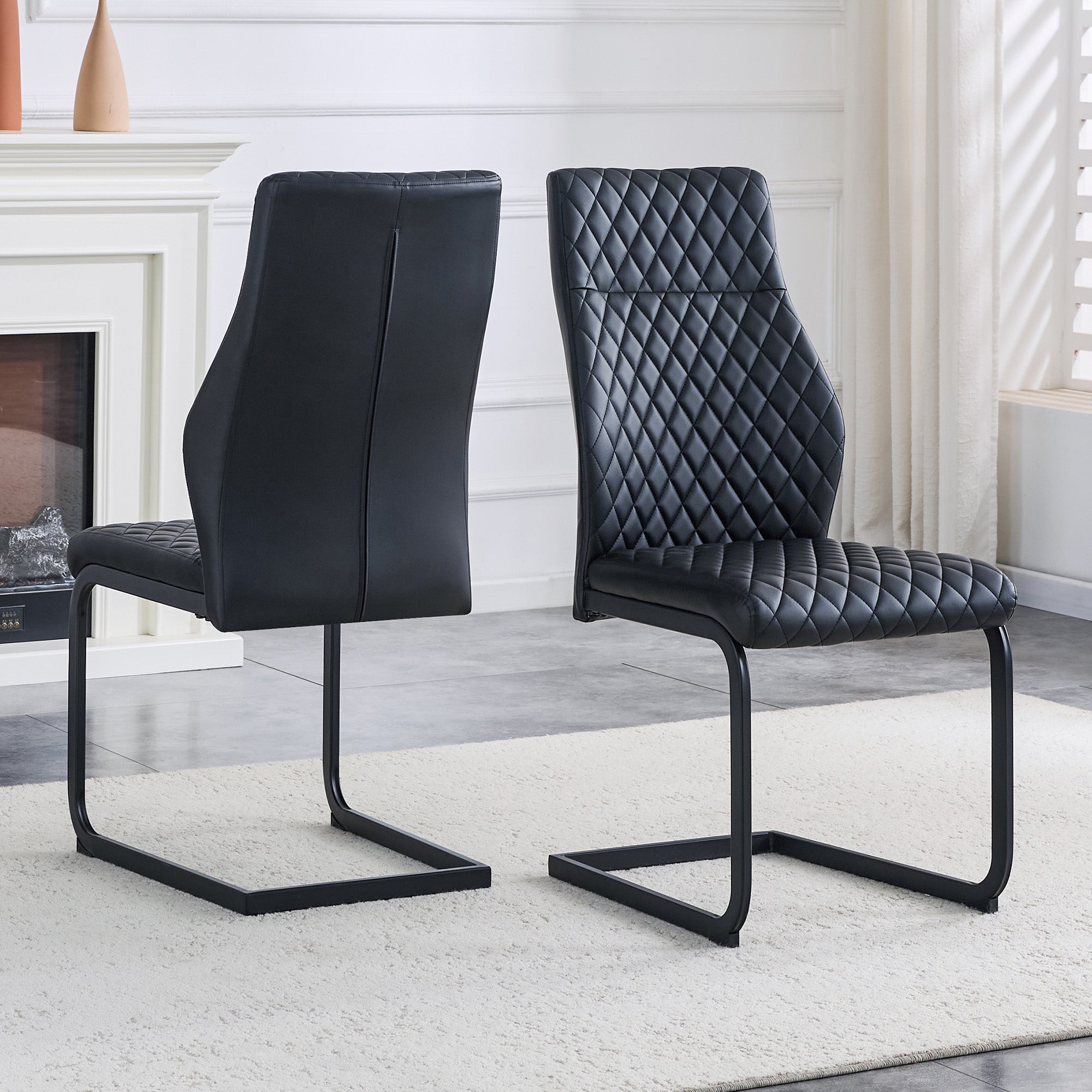 Dining Chair Set of 2 with High Backrest and Diamond Pattern, Black Metal Frame and PU Leather