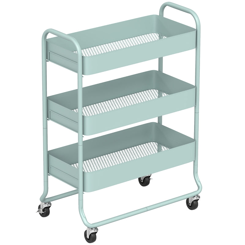 3-Tier Storage Trolley on Wheels, Rolling Utility Cart with Mesh Baskets, Metal, Light Green