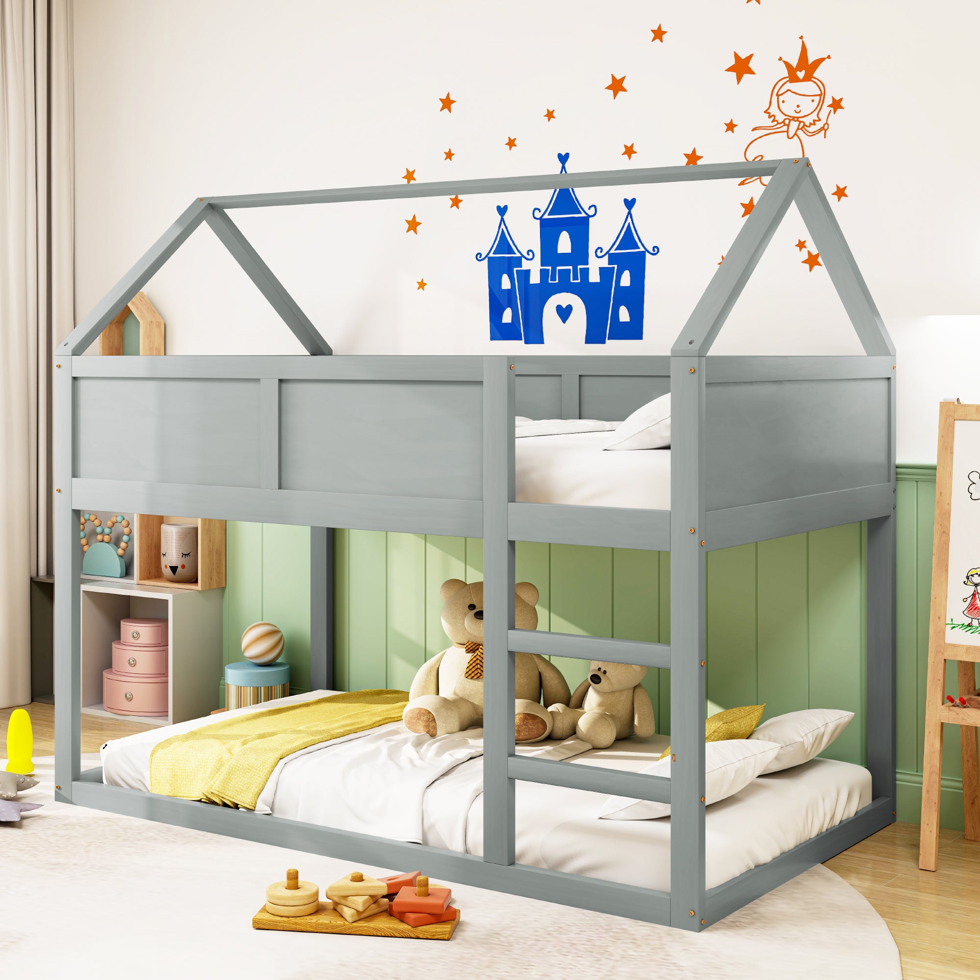 Bunk Bed, Low Single with Stairs, Solid Wood, Grey