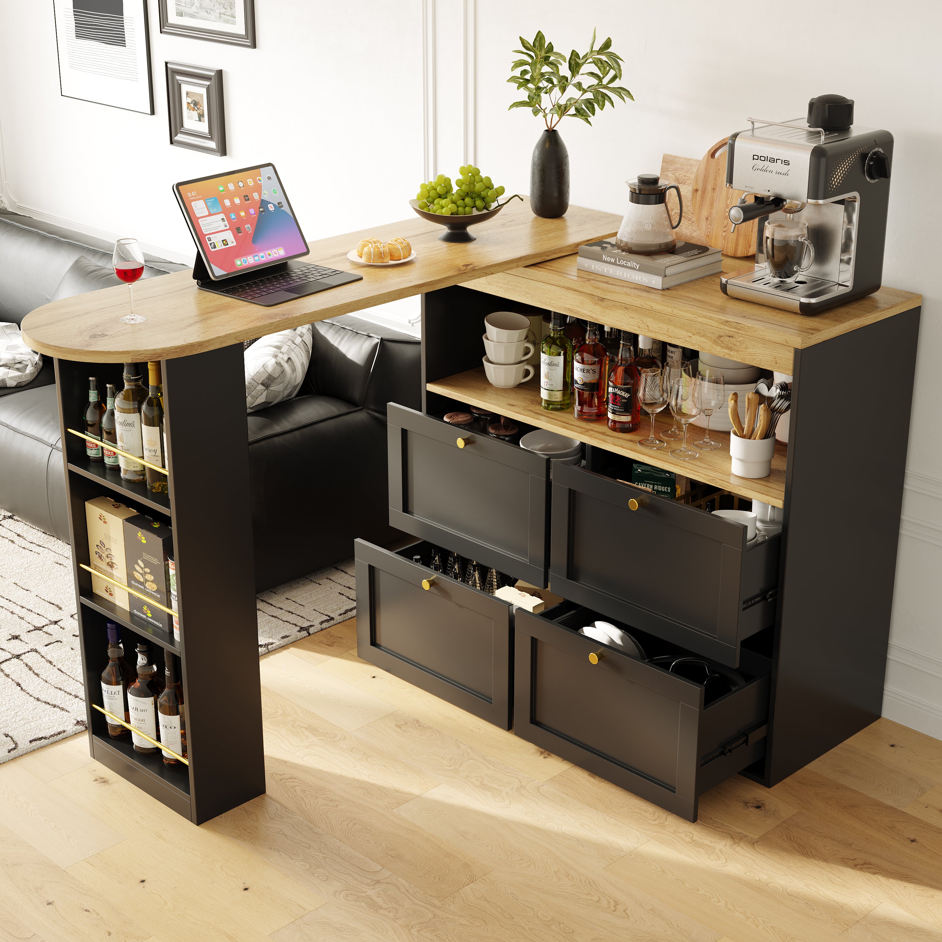 360° Rotating Bar Table with 4 Drawers and Open Shelves Storage
