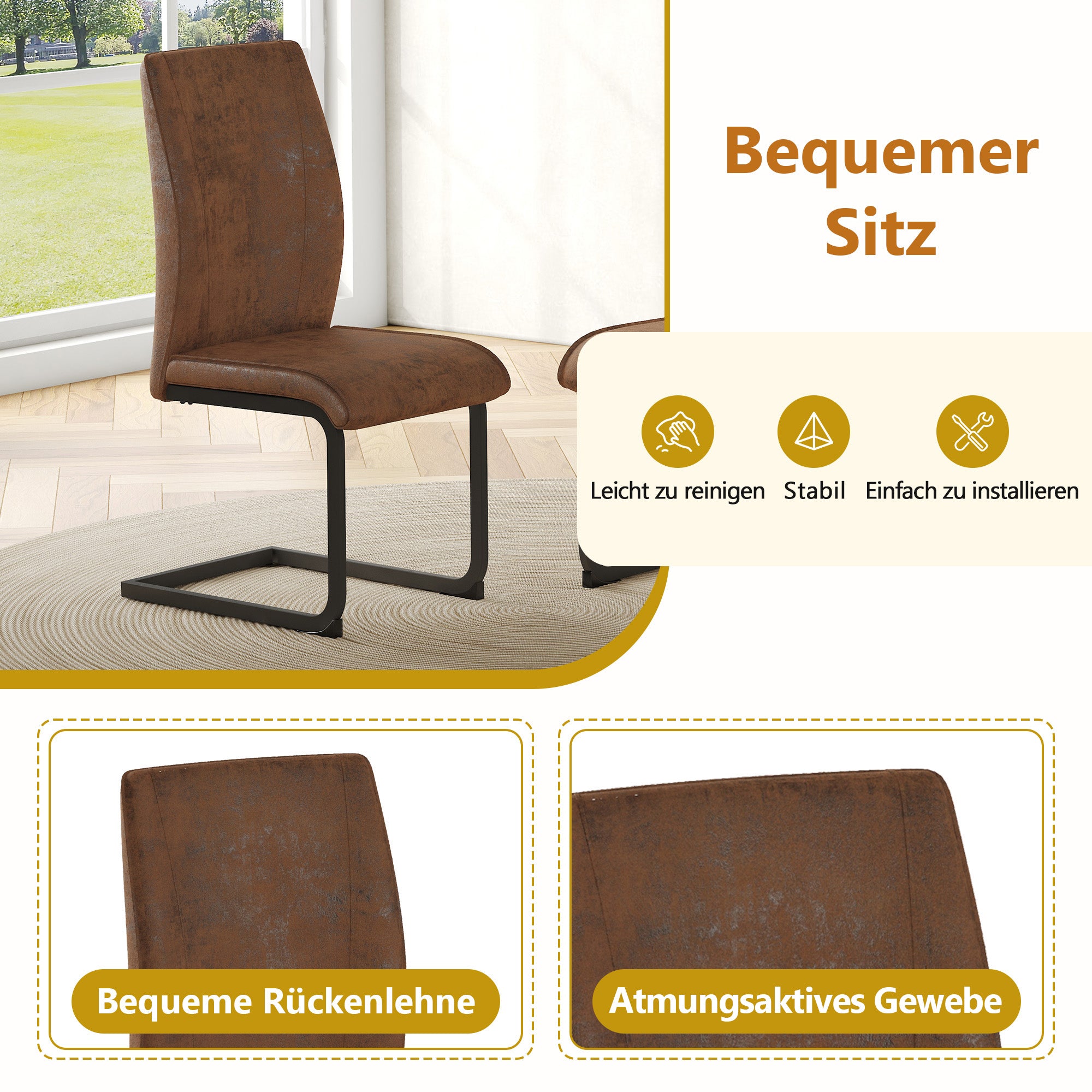 Dining Table Set, Rectangular with Shelf and 6 Armchairs, Brown Tech Fabric