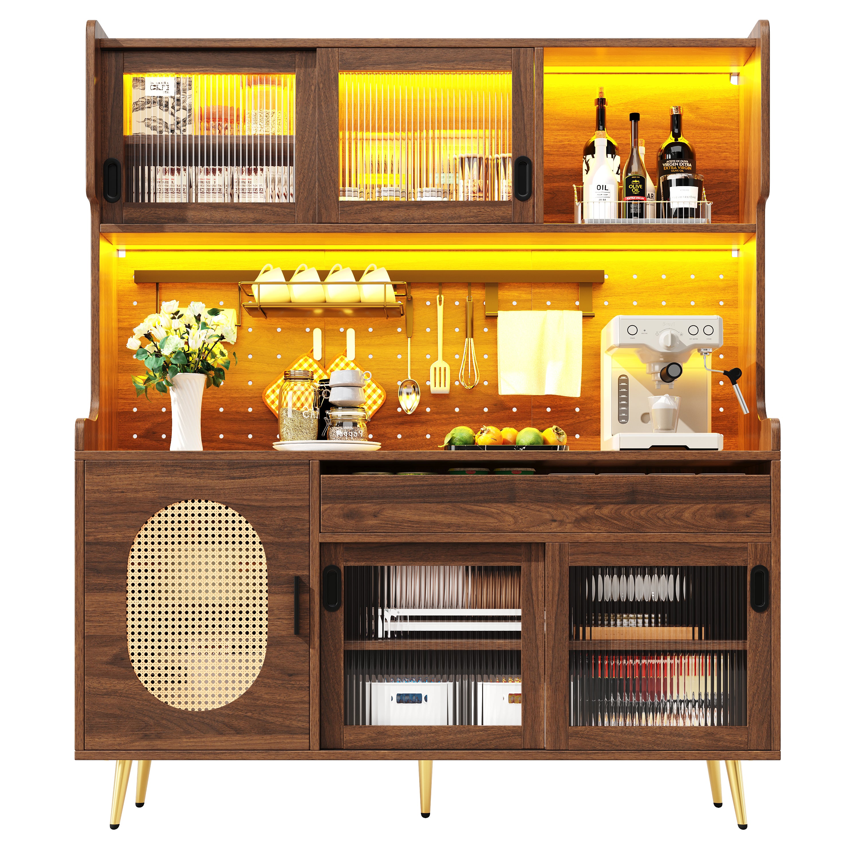 Sideboard Kitchen Buffet Cabinet with LED Strip and Fluted Glass Doors, Brown and Black