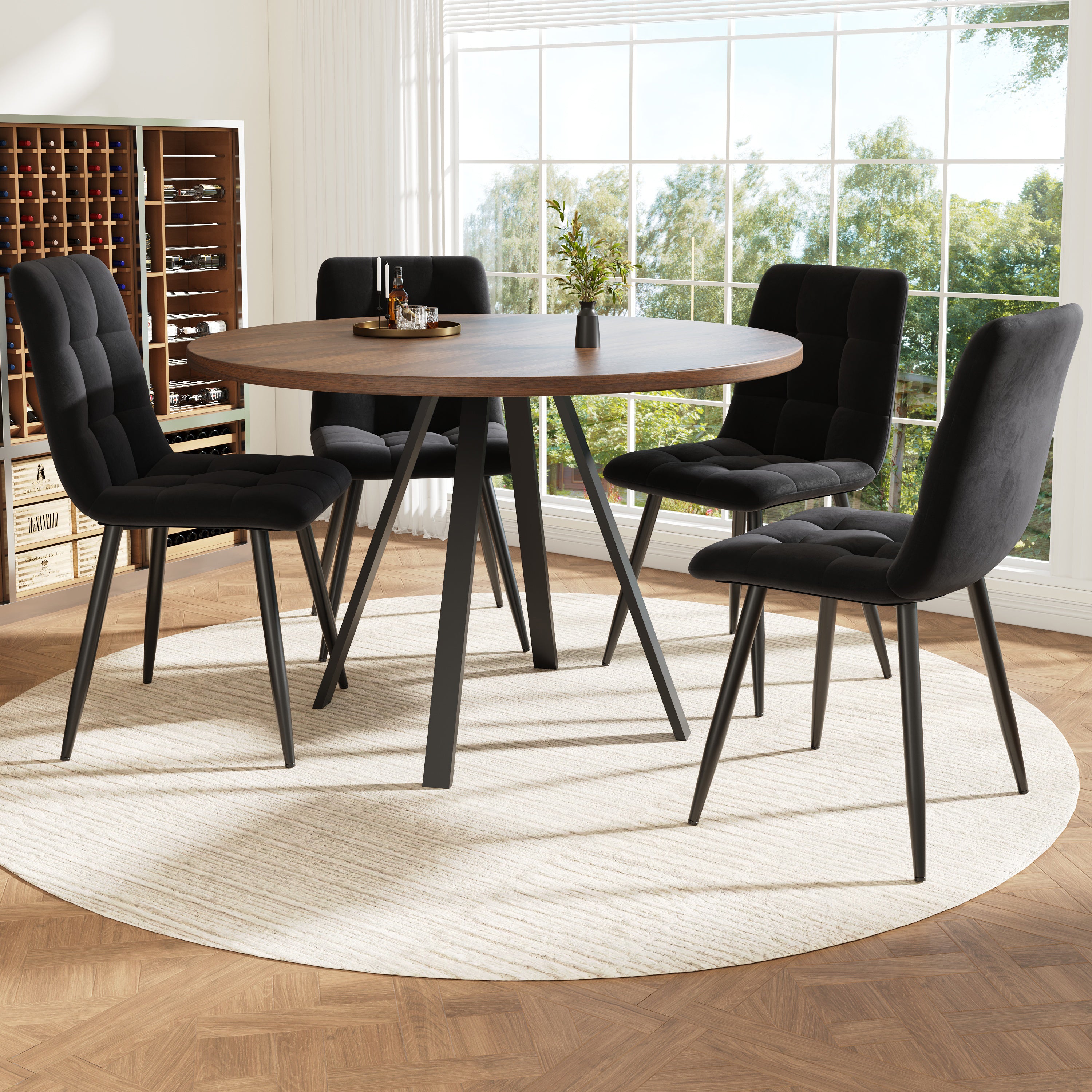 Round Dining Table 80cm Kitchen Coffee Table for 4 Metal Legs Walnut & Black