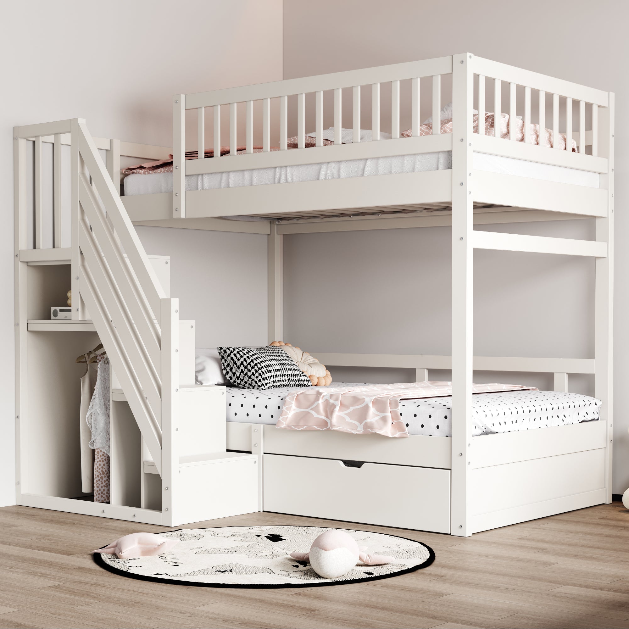 Bunk Bed, 90x200 cm, High Safety Rail, Storage Ladder & Drawers, Solid Wood, White