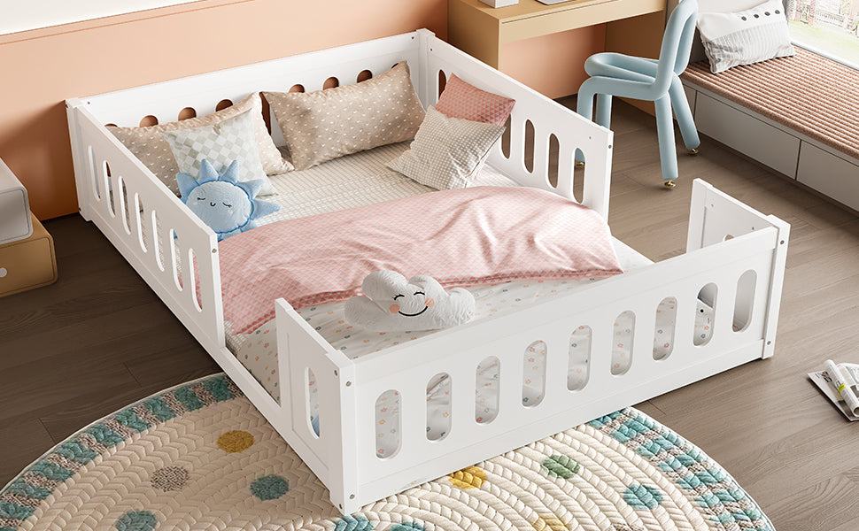 Wooden Platform Bed, 140x200 with Railing, White