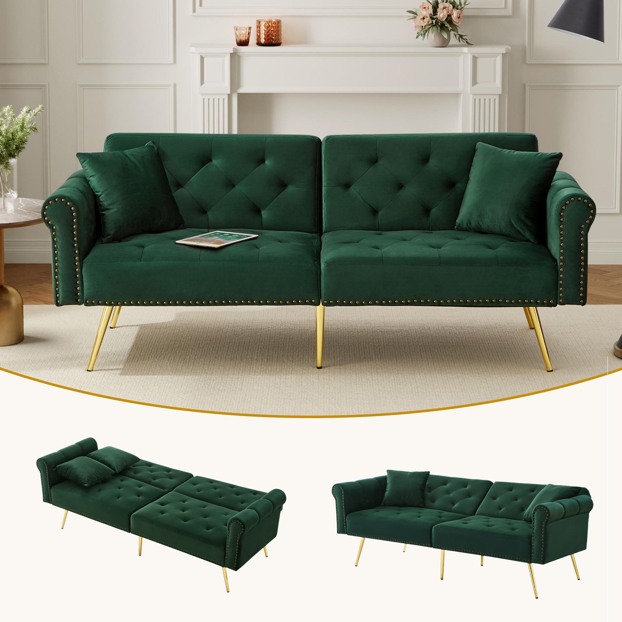 Modern 2-Seater Sofa Bed with 3-Stage Adjustable Backrest, Velvet Upholstery Green
