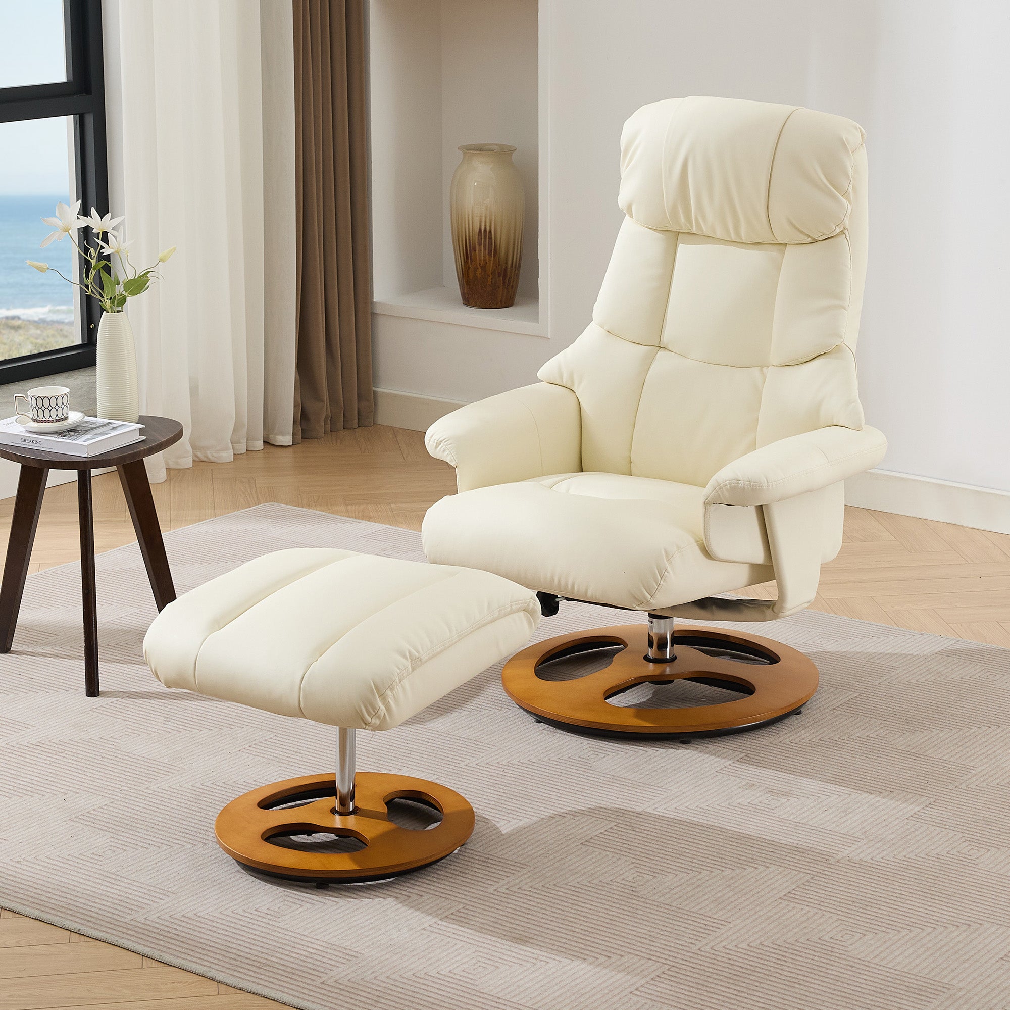 Recliner Chair with Massage, Heat, Reclining, Stool, 360° Rotatable, PU Fabric White