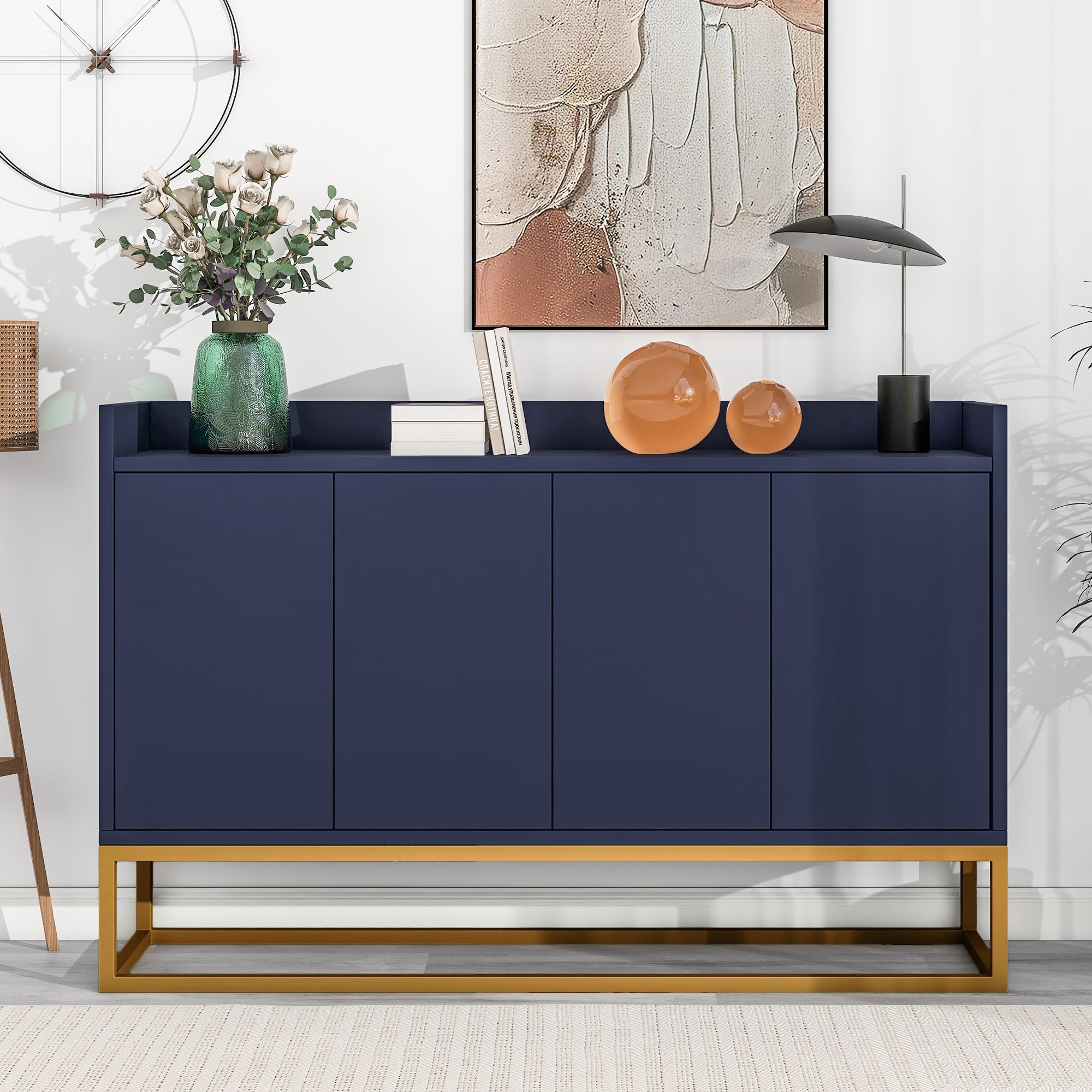 Sideboard, Modern Minimalist 4-Door Handleless Buffet, Navy Blue