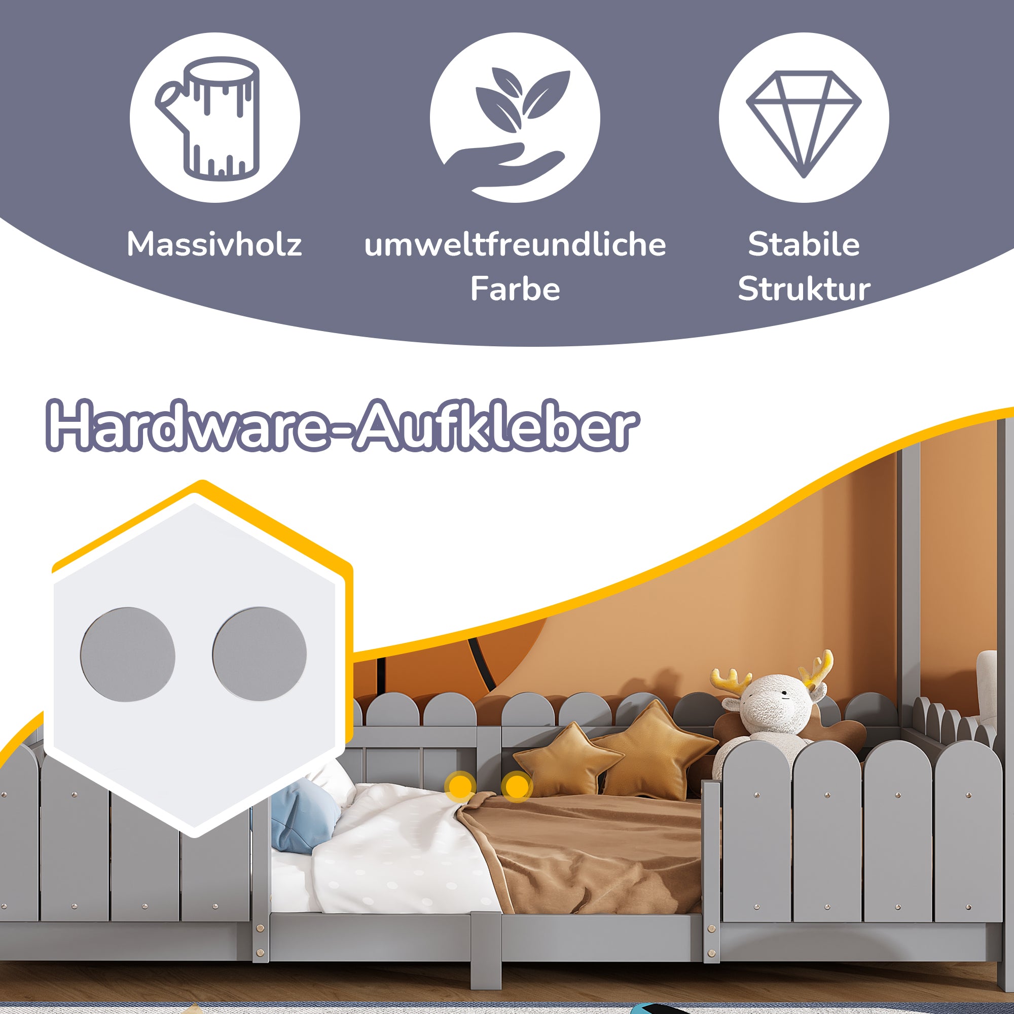 House Bed 90x200cm Versatile Children's Bed with Fall Protection and Slatted Frame, Grey